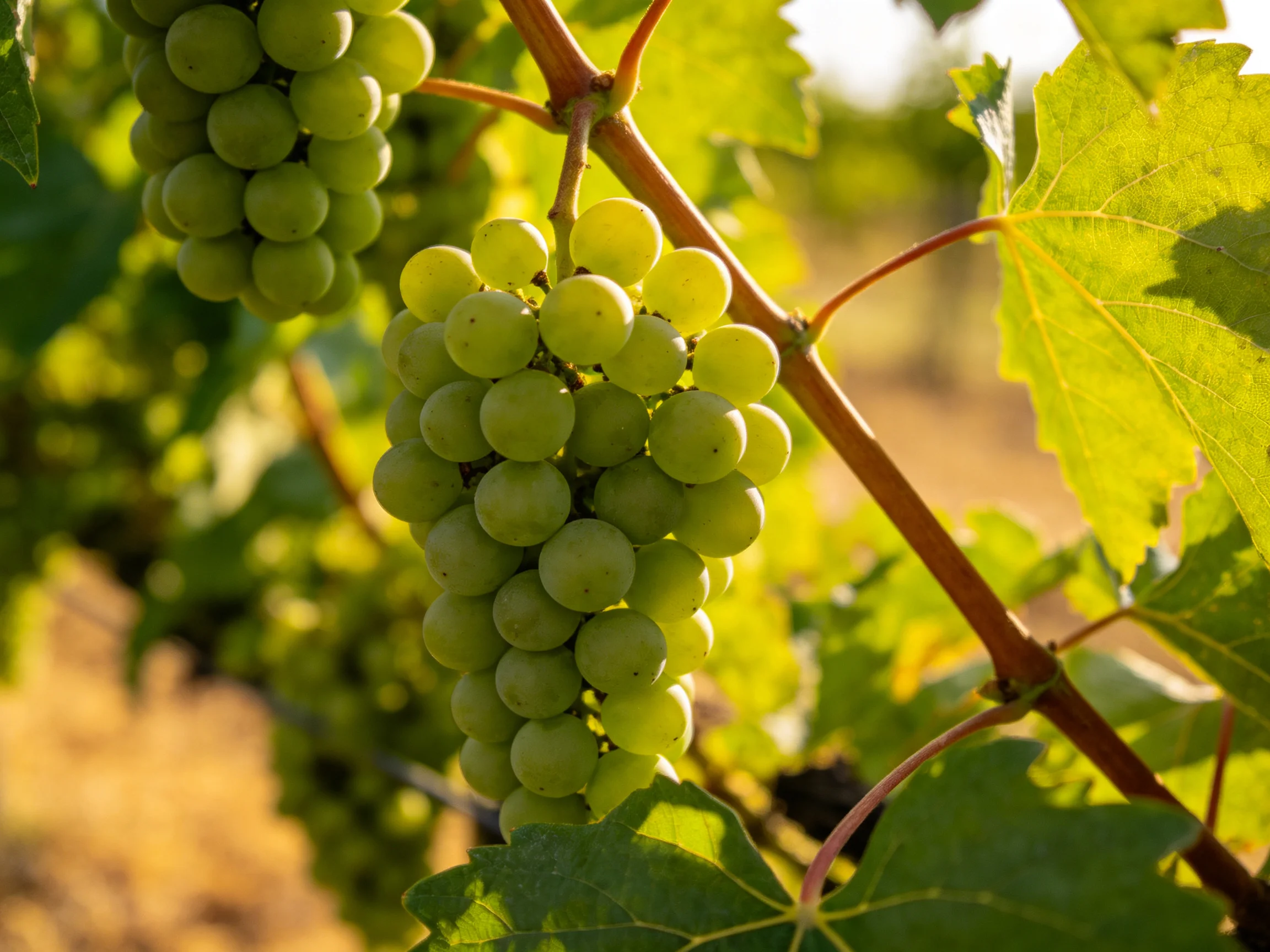 Abundant green grape clusters hang from vineyard vines