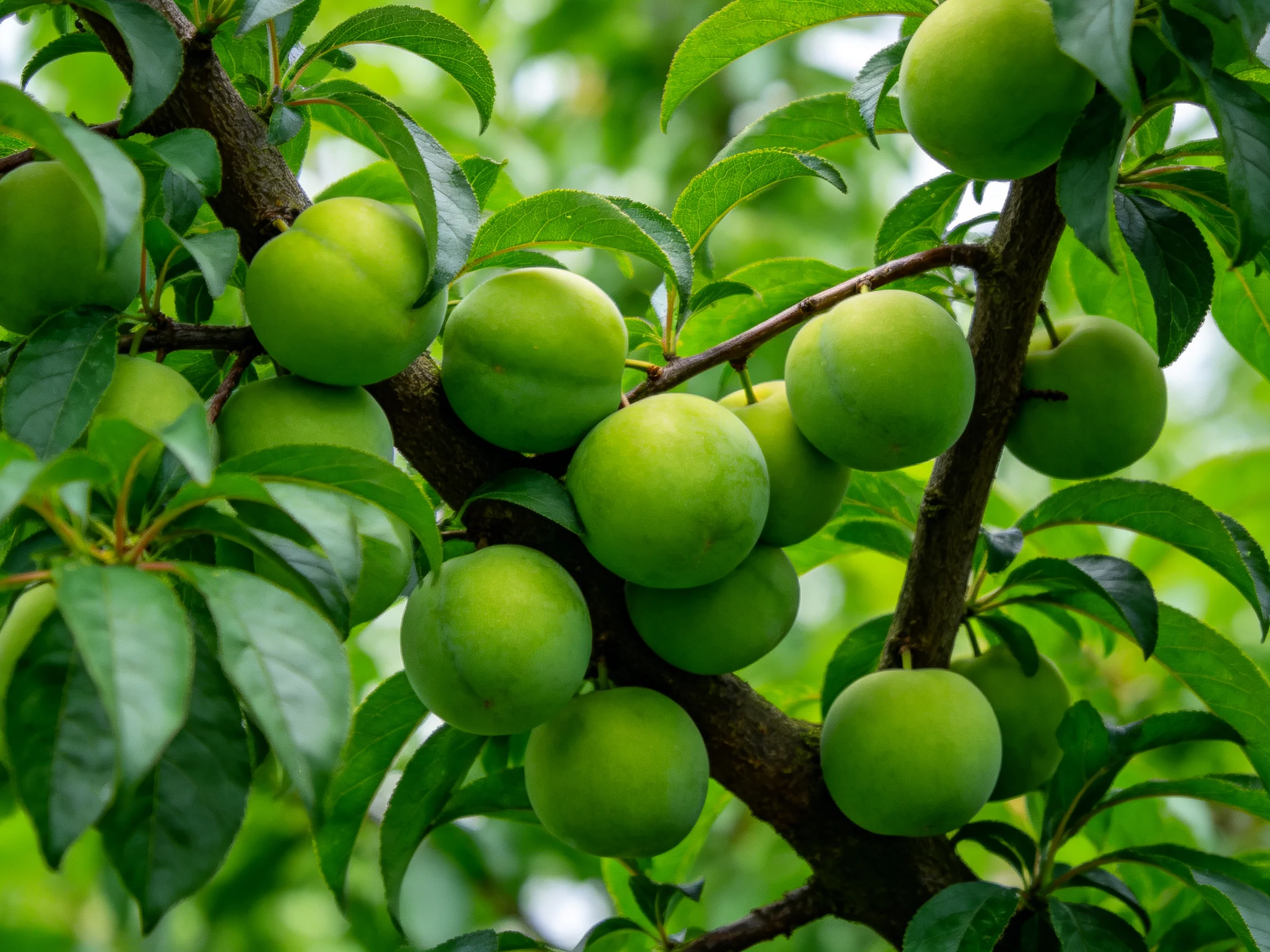 Abundant green plums cluster on dark brown tree branches with lush foliage