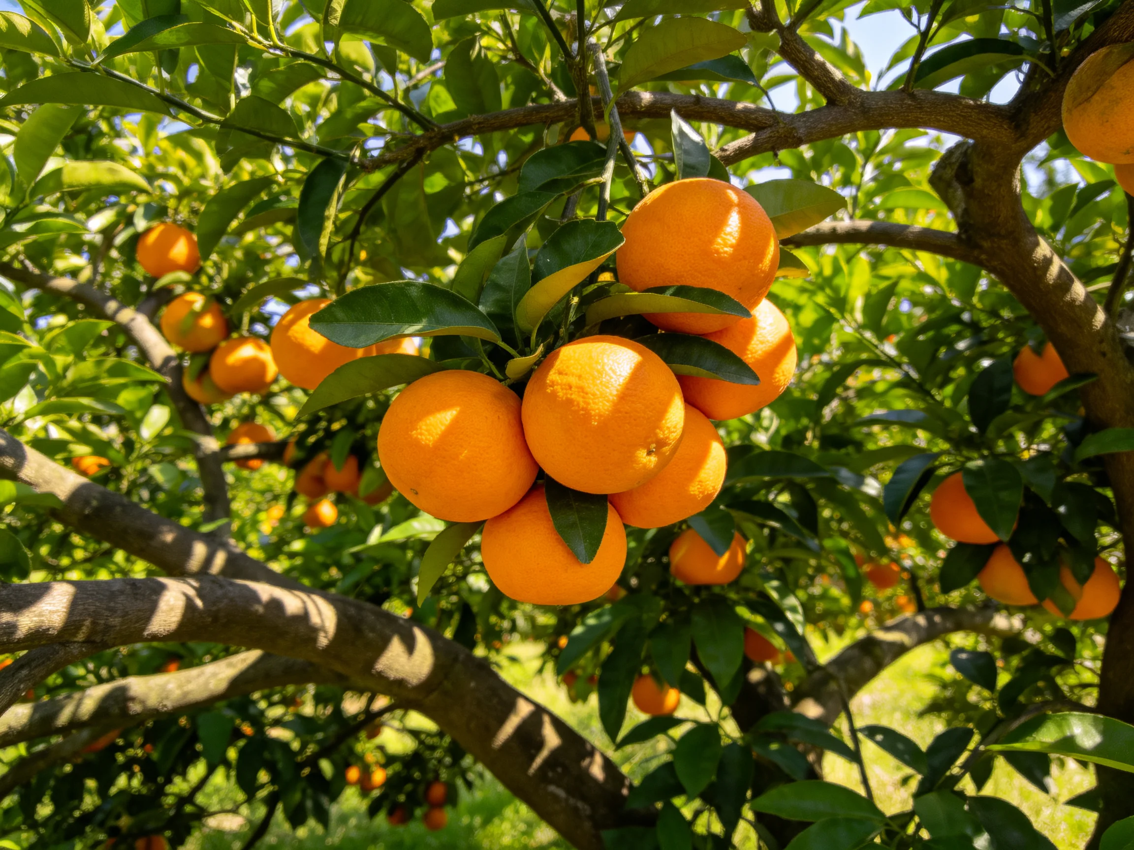 Abundant orange citrus clusters hang from lush green trees under bright sunlight