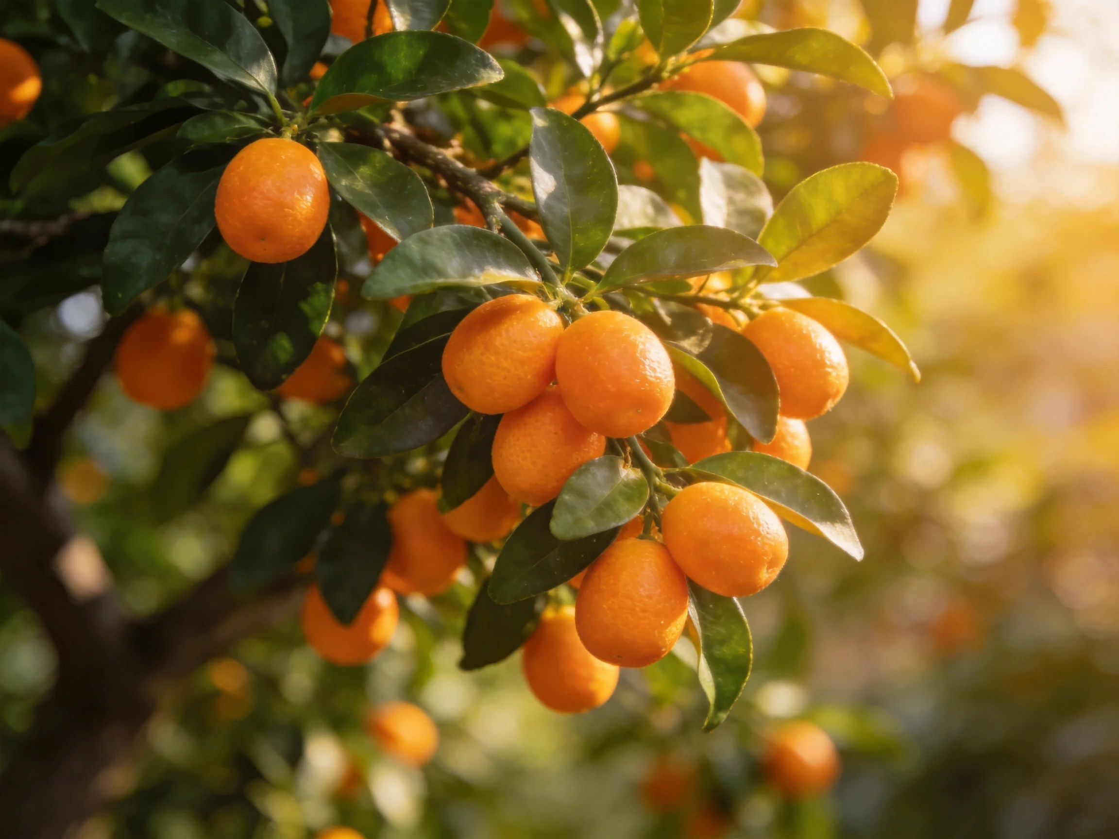 Abundant orange citrus fruits cluster on lush green-leaved branches under golden sunlight