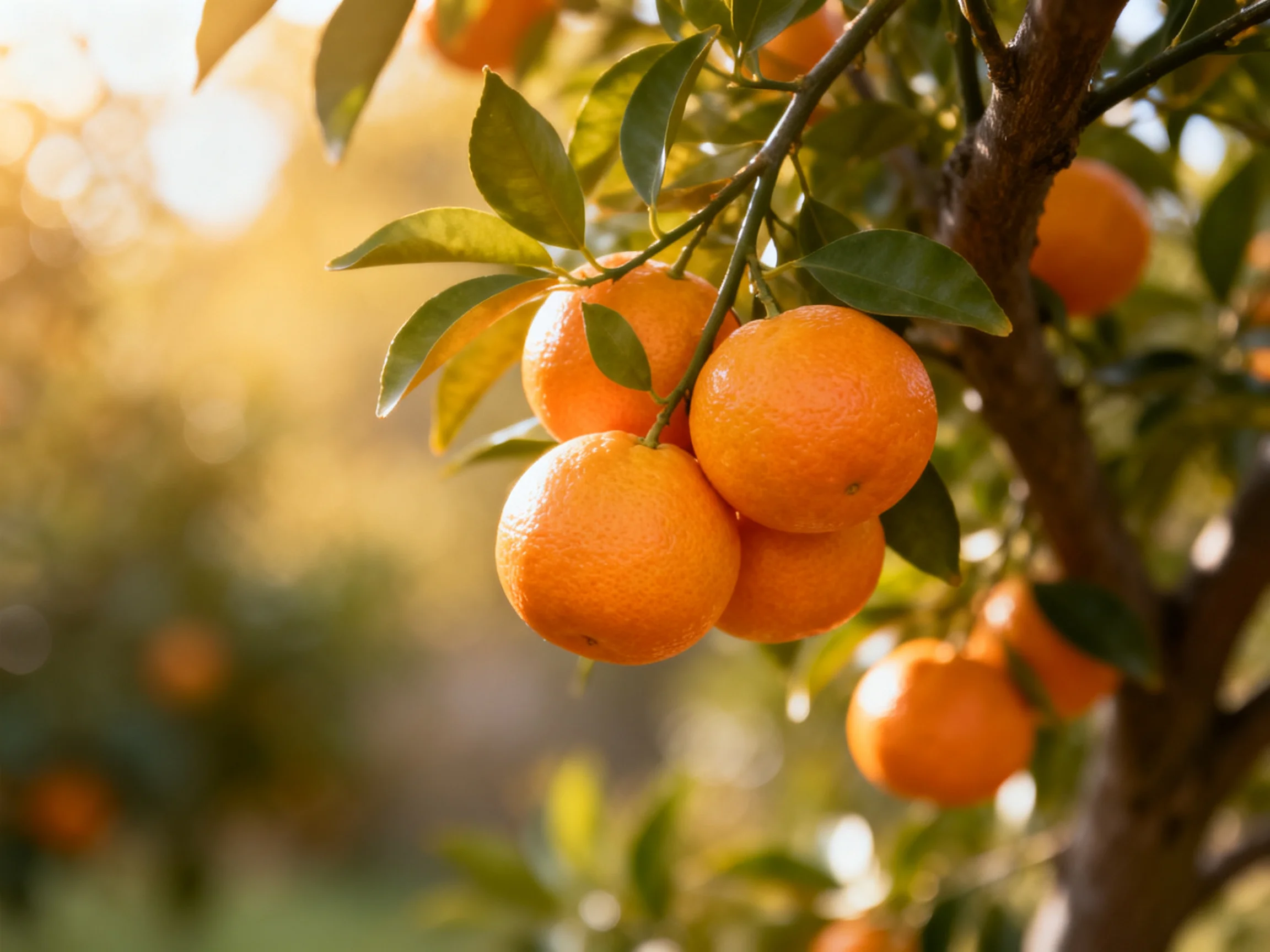 Abundant orange fruits cluster on a leafy tree under golden sunlight
