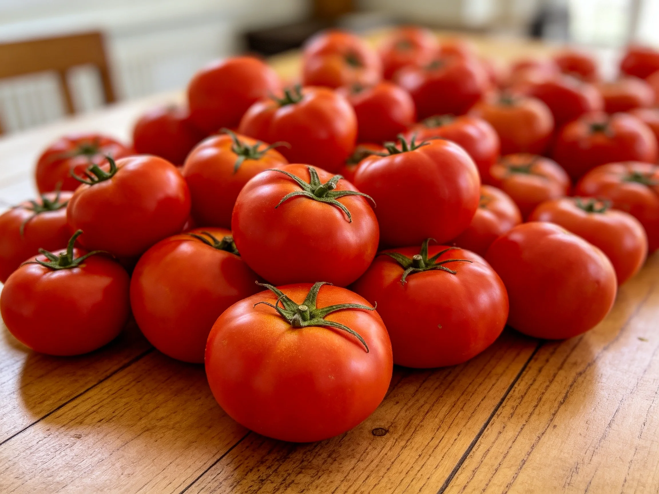 Abundant pile of bright red tomatoes spread across a wooden table