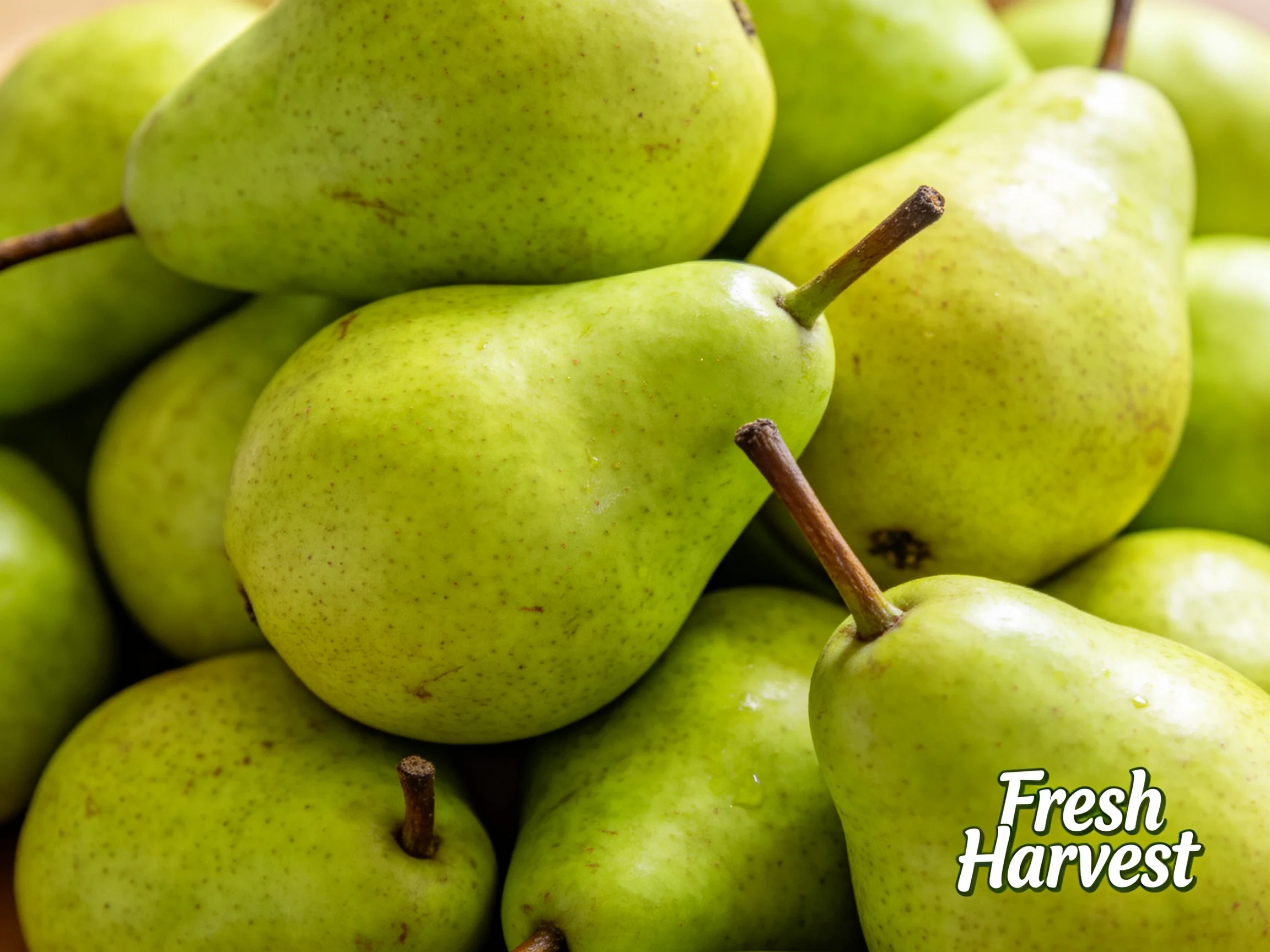 Abundant pile of fresh green pears stacked together