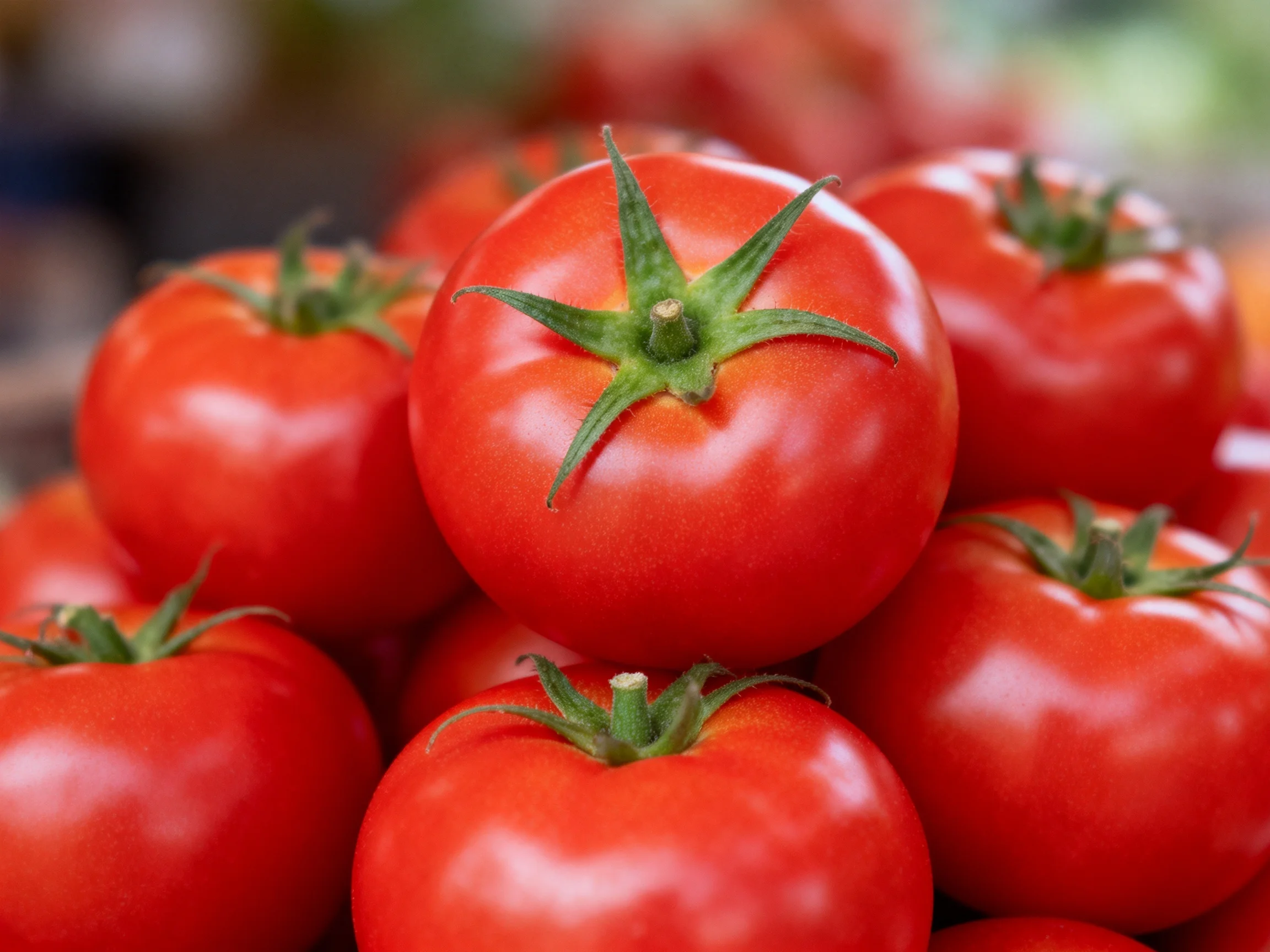 Abundant pile of vibrant red tomatoes with green stems