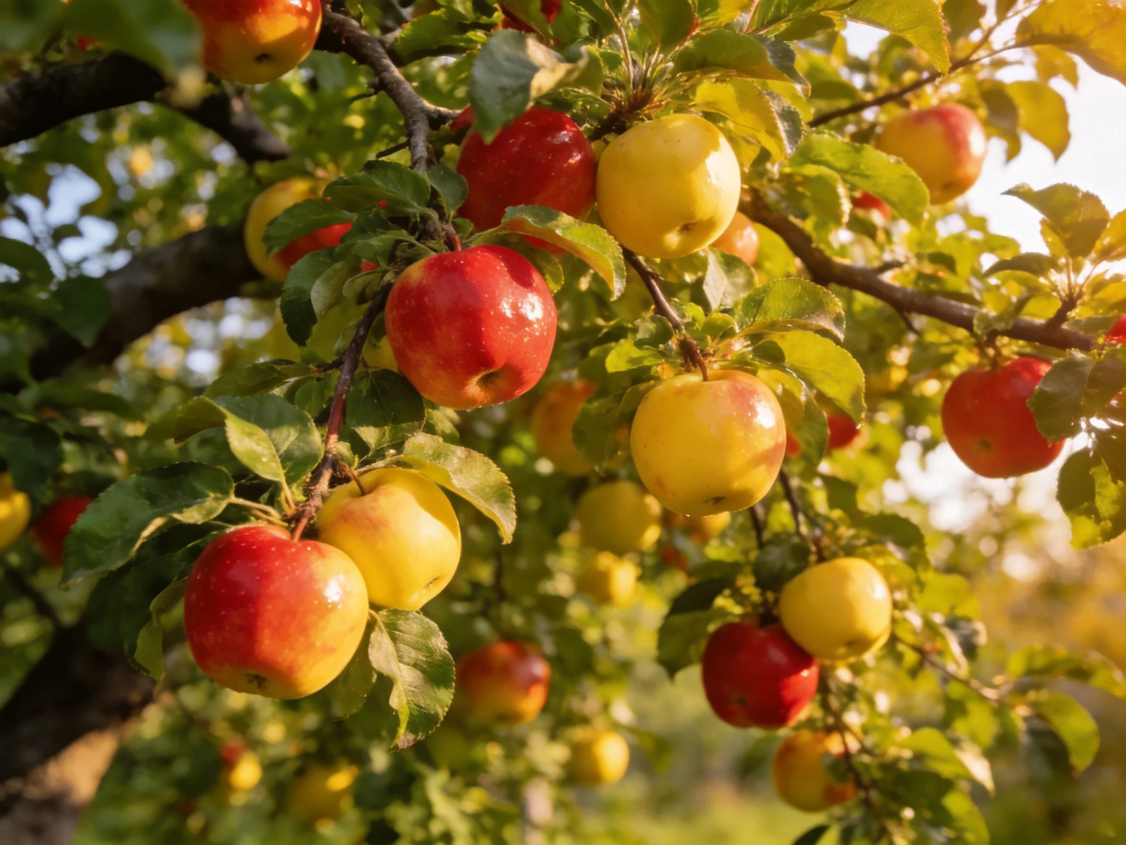 Abundant red and golden apples hang from lush tree branches