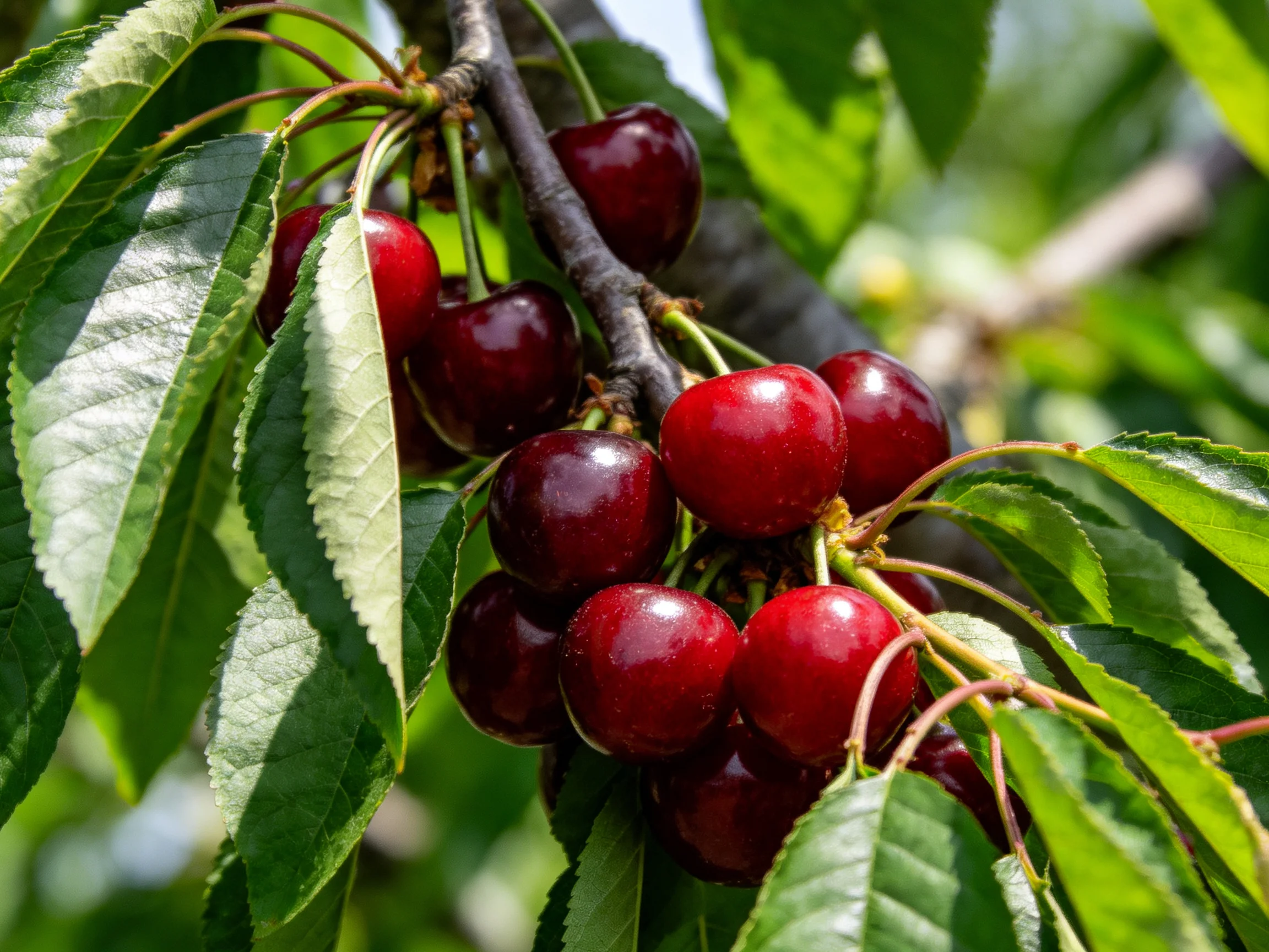Abundant red and maroon cherries cluster on a tree branch