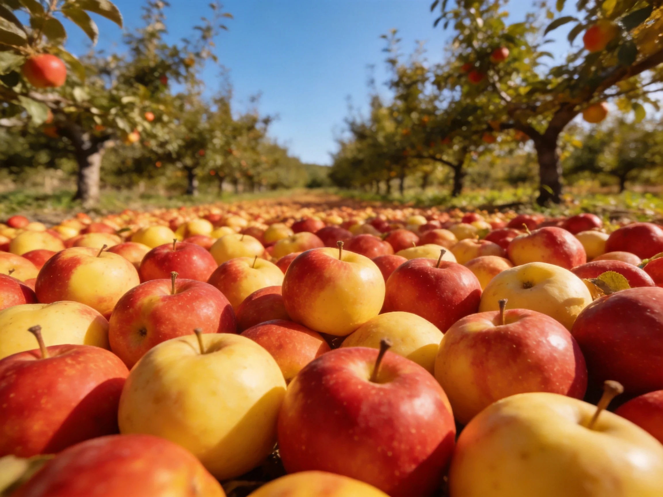 Abundant red and yellow apples fill an orchard with fruit-laden trees