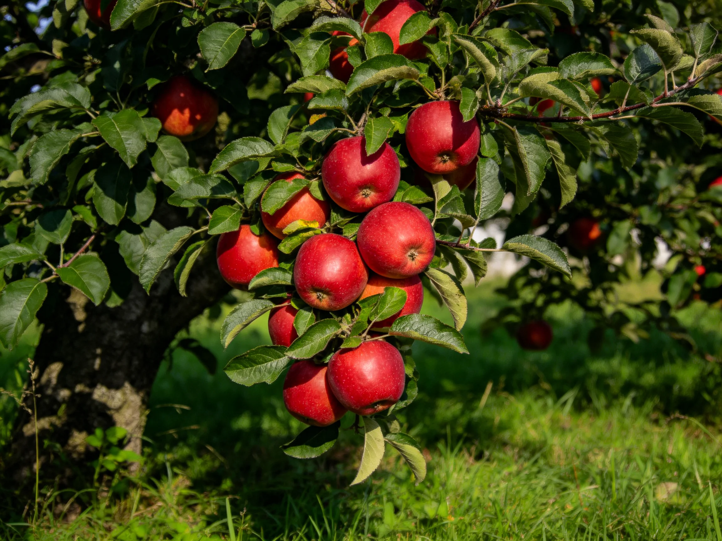 Abundant red apples adorn a lush apple tree in a sunlit orchard