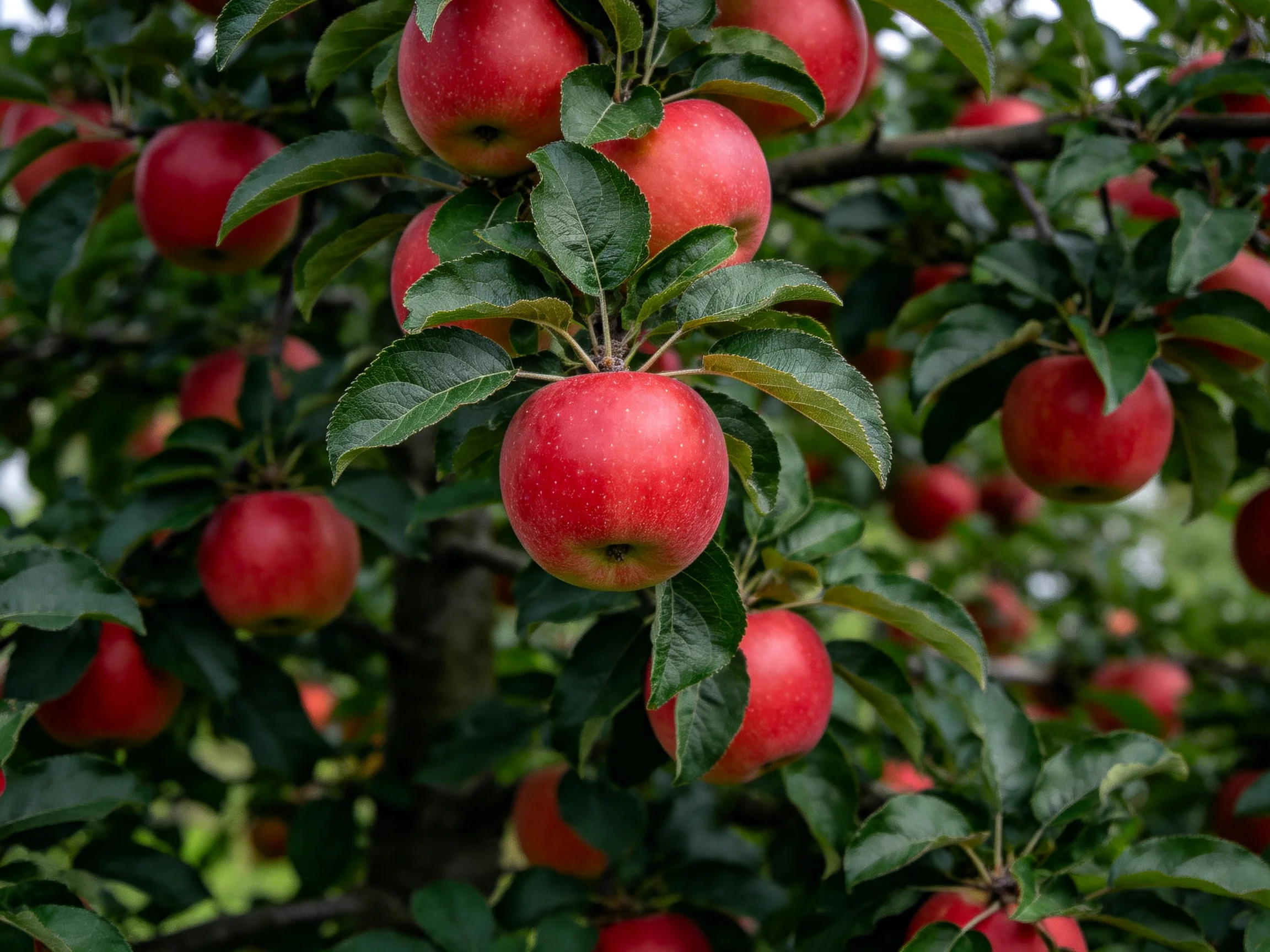 Abundant red apples flourish on lush green apple trees