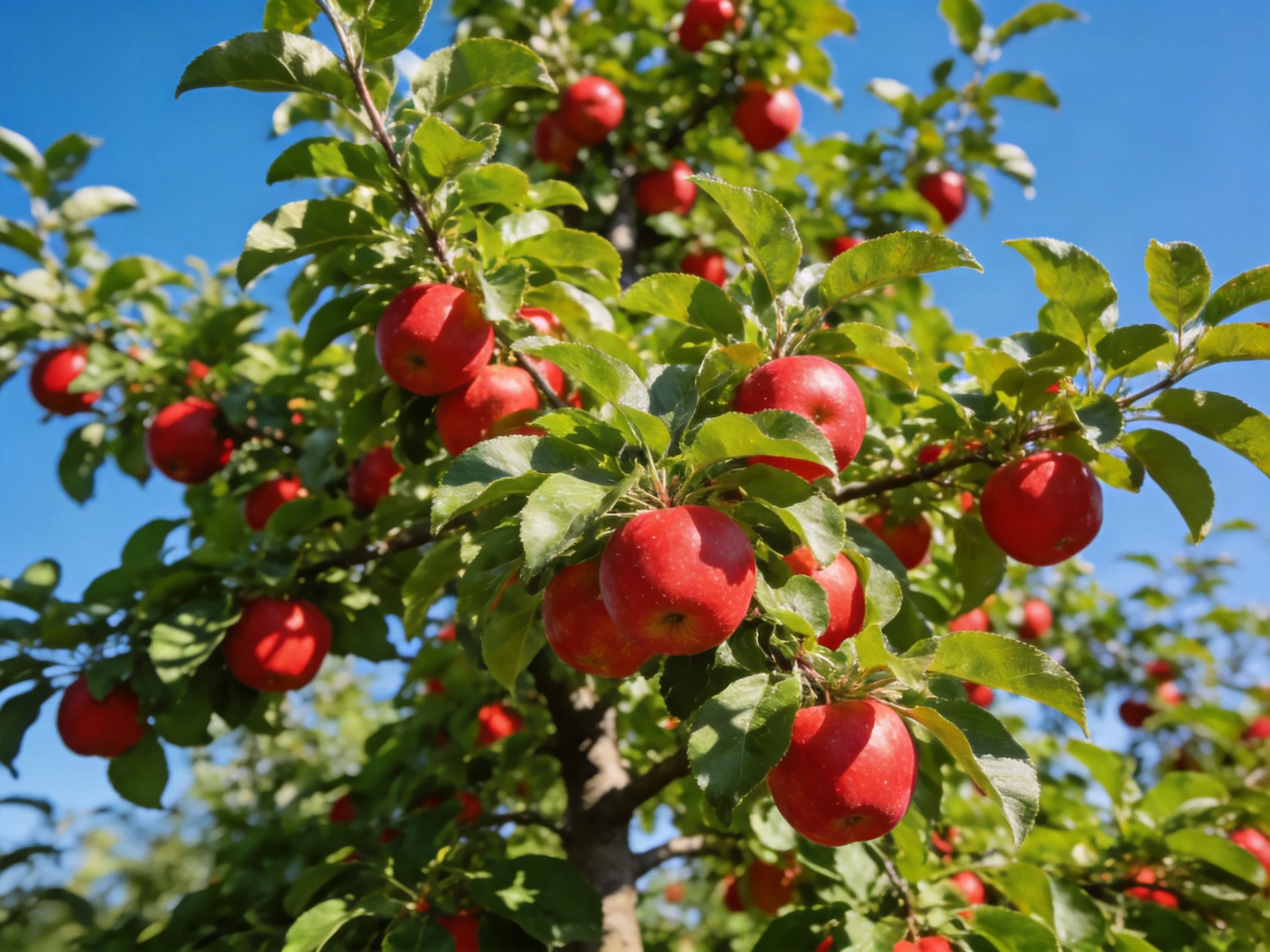 Abundant red apples grow on lush green apple trees under a clear blue sky