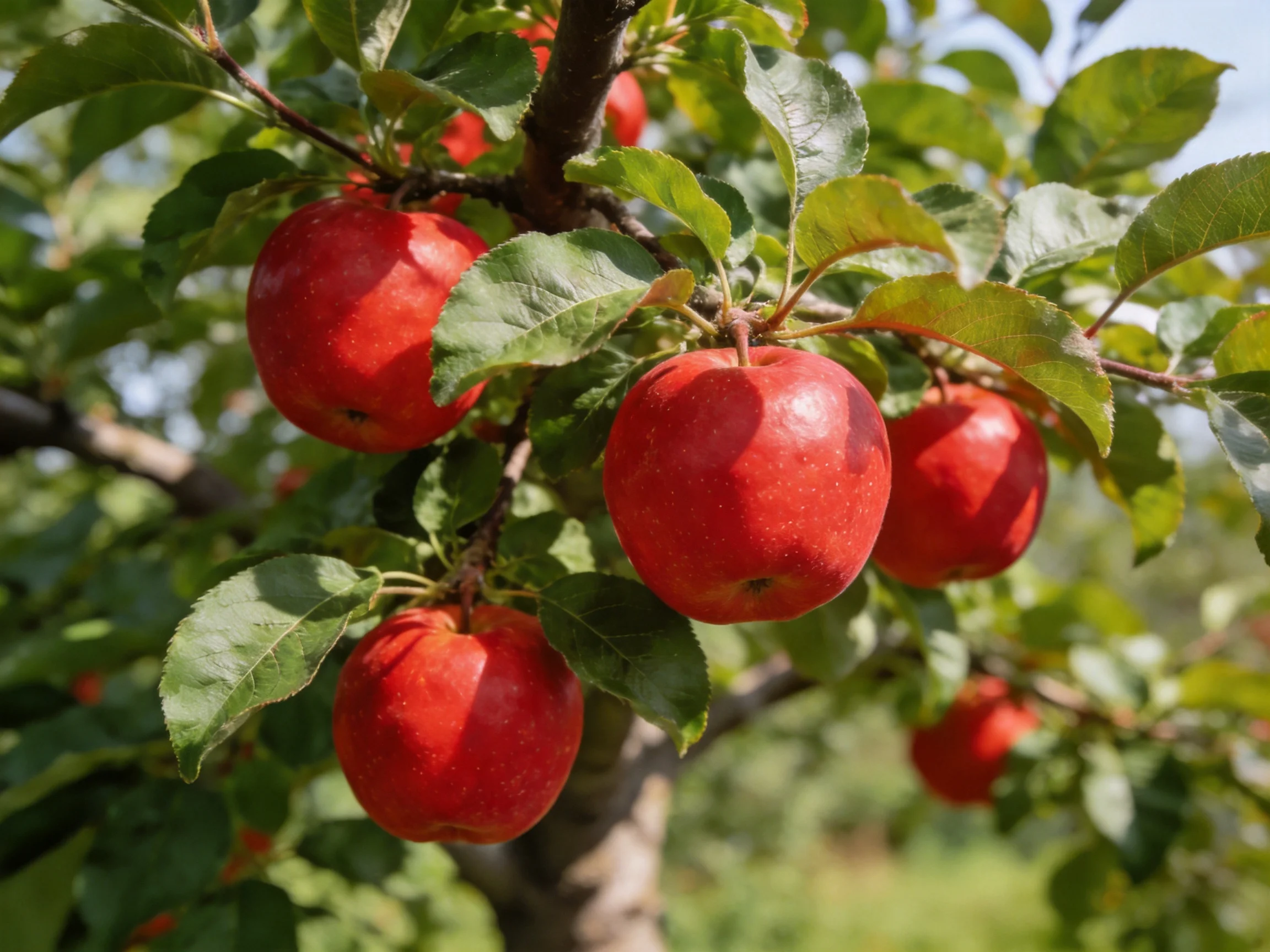 Abundant red apples hang from a lush apple tree
