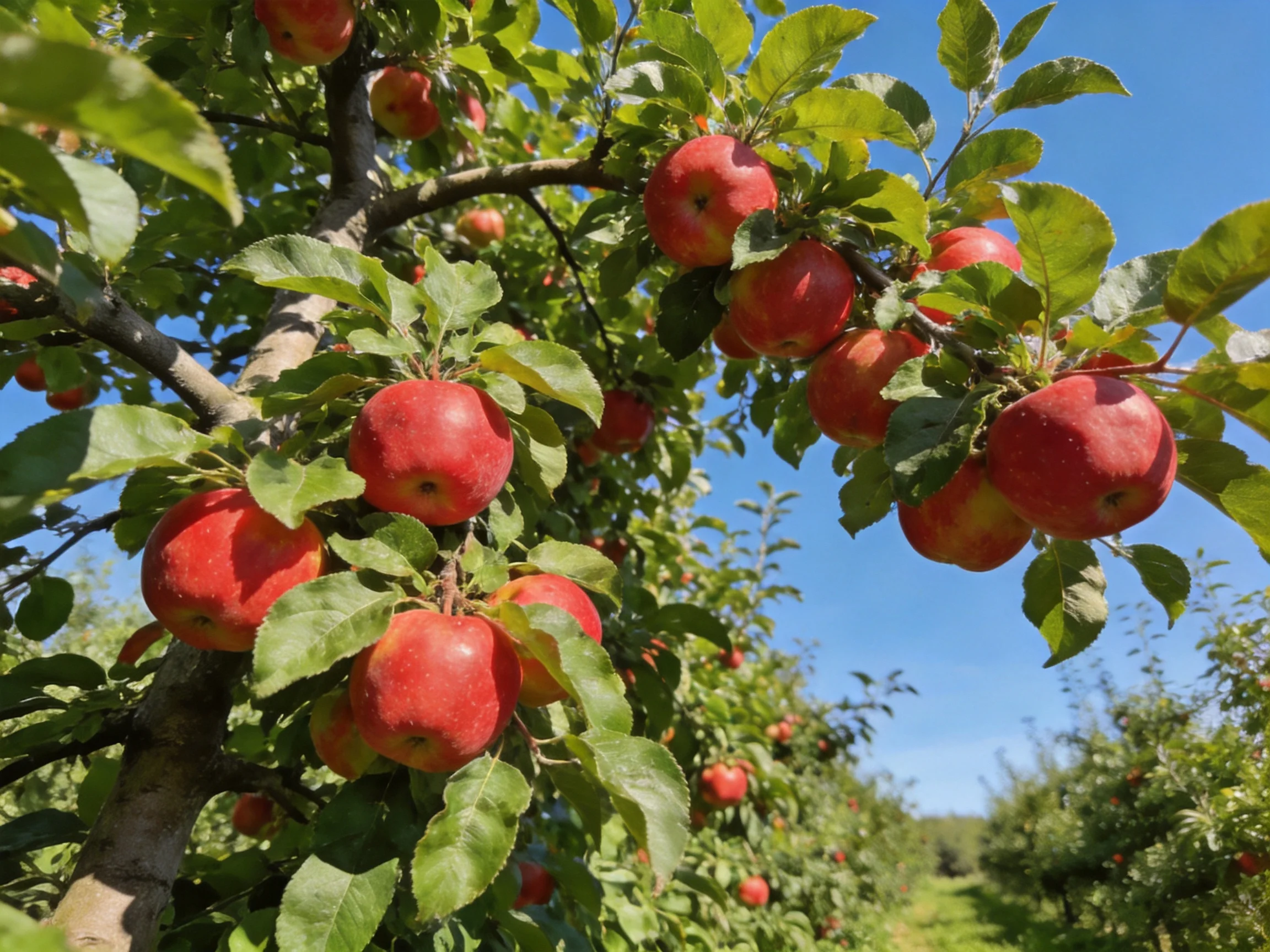 Abundant red apples hang from lush green tree branches