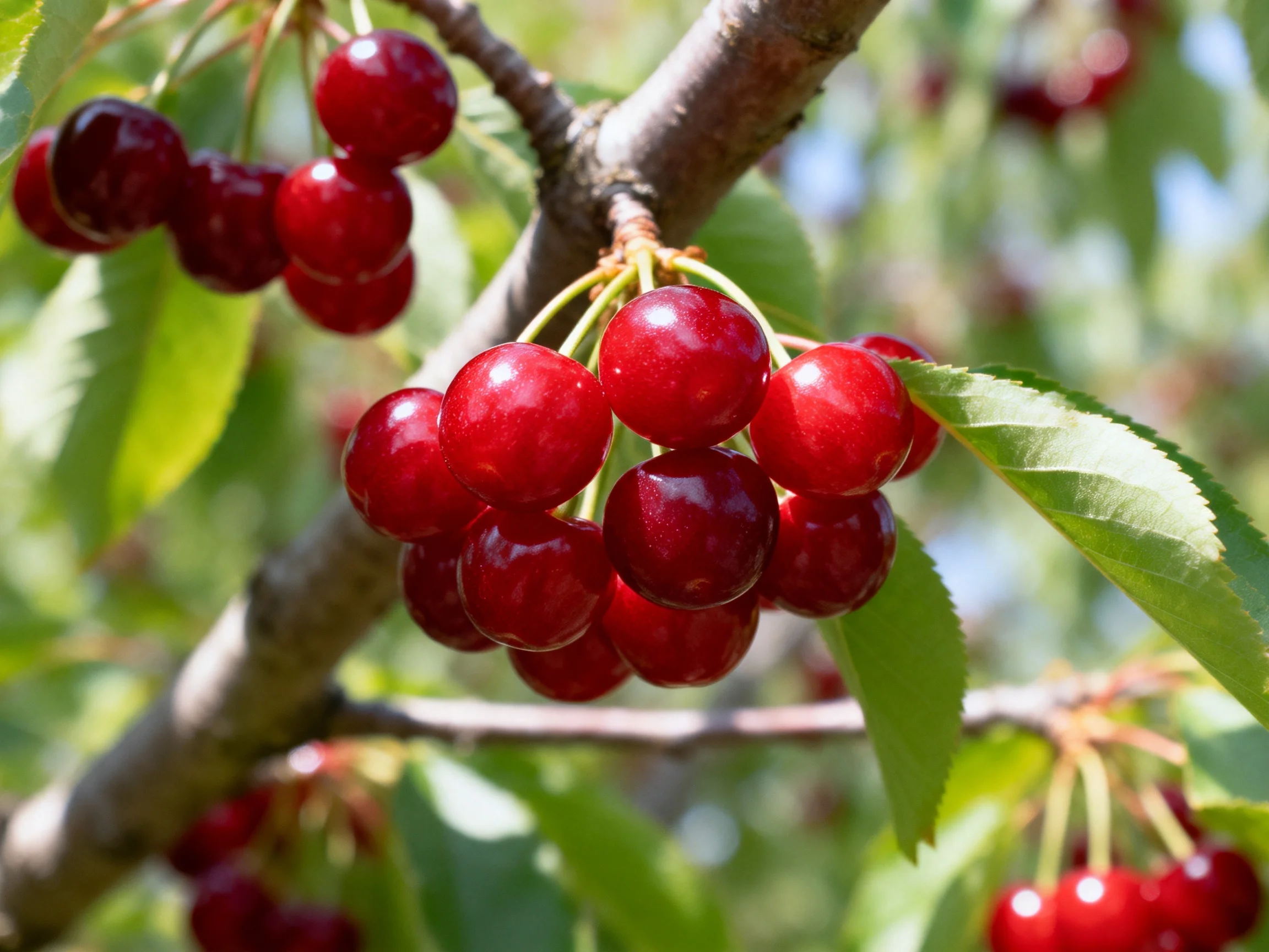 Abundant red cherries clustered on a tree branch with green foliage