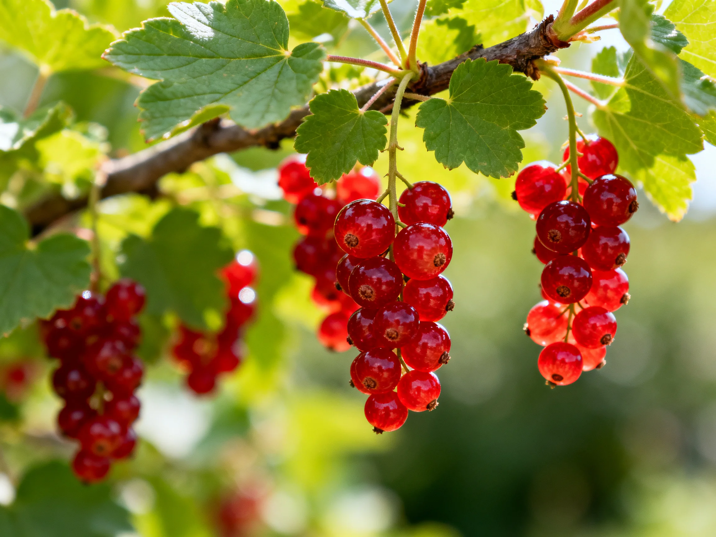 Abundant red currant bunches hang from leafy branches