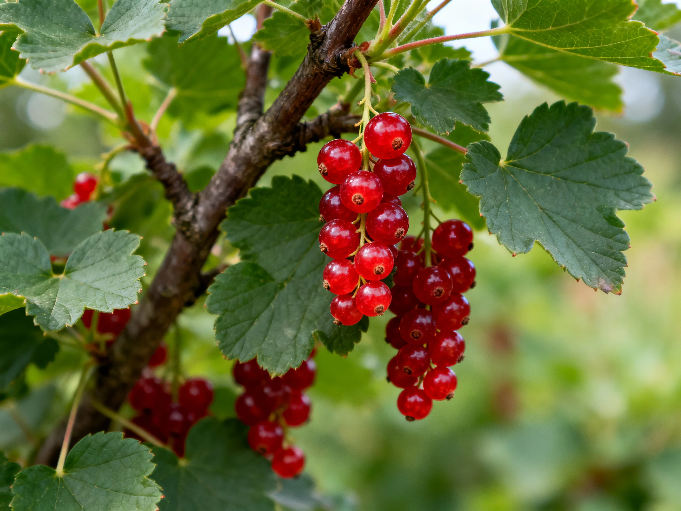 Abundant red currant clusters dangle from leafy branches