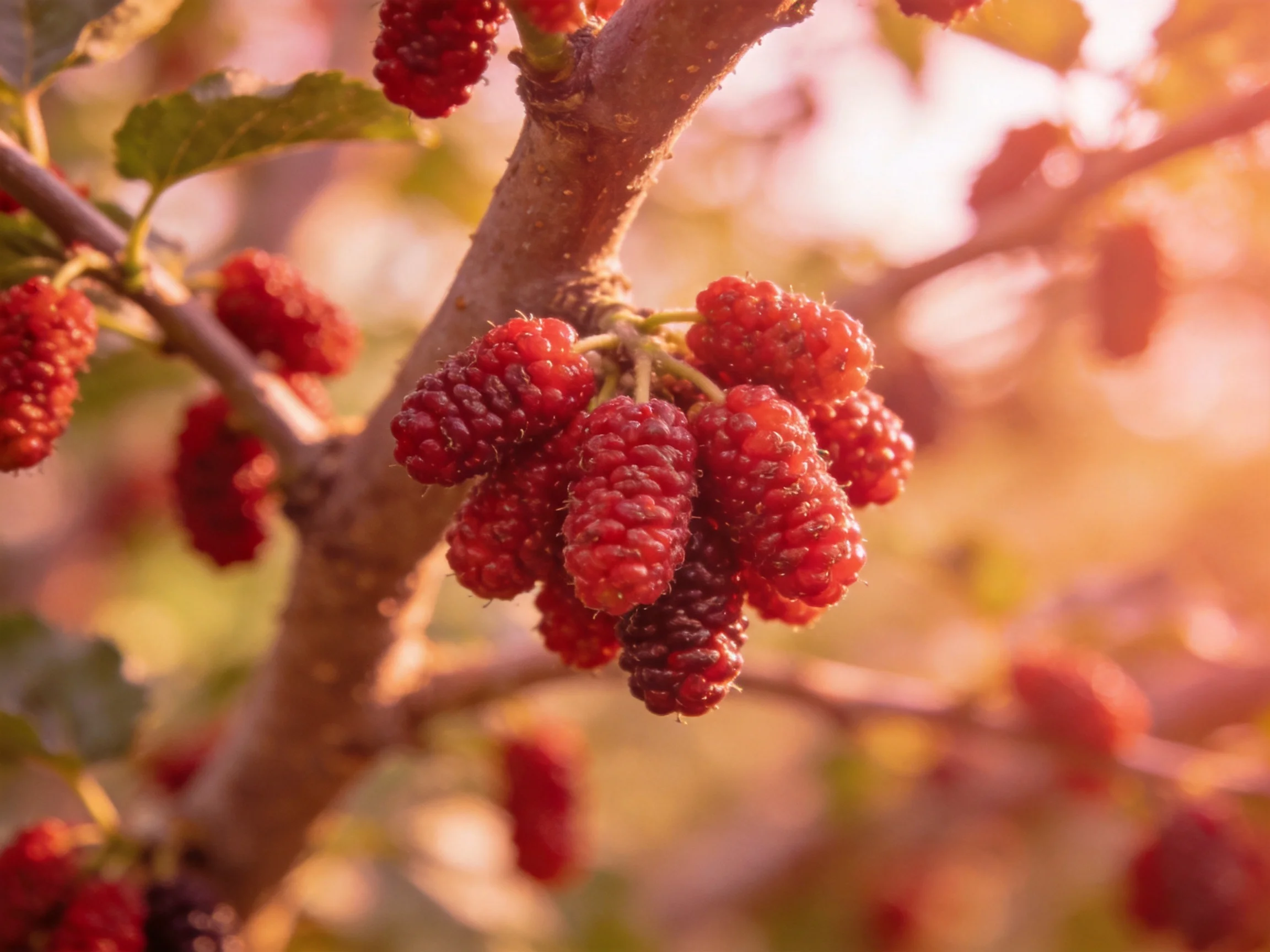 Abundant red mulberry clusters on a sunlit tree branch
