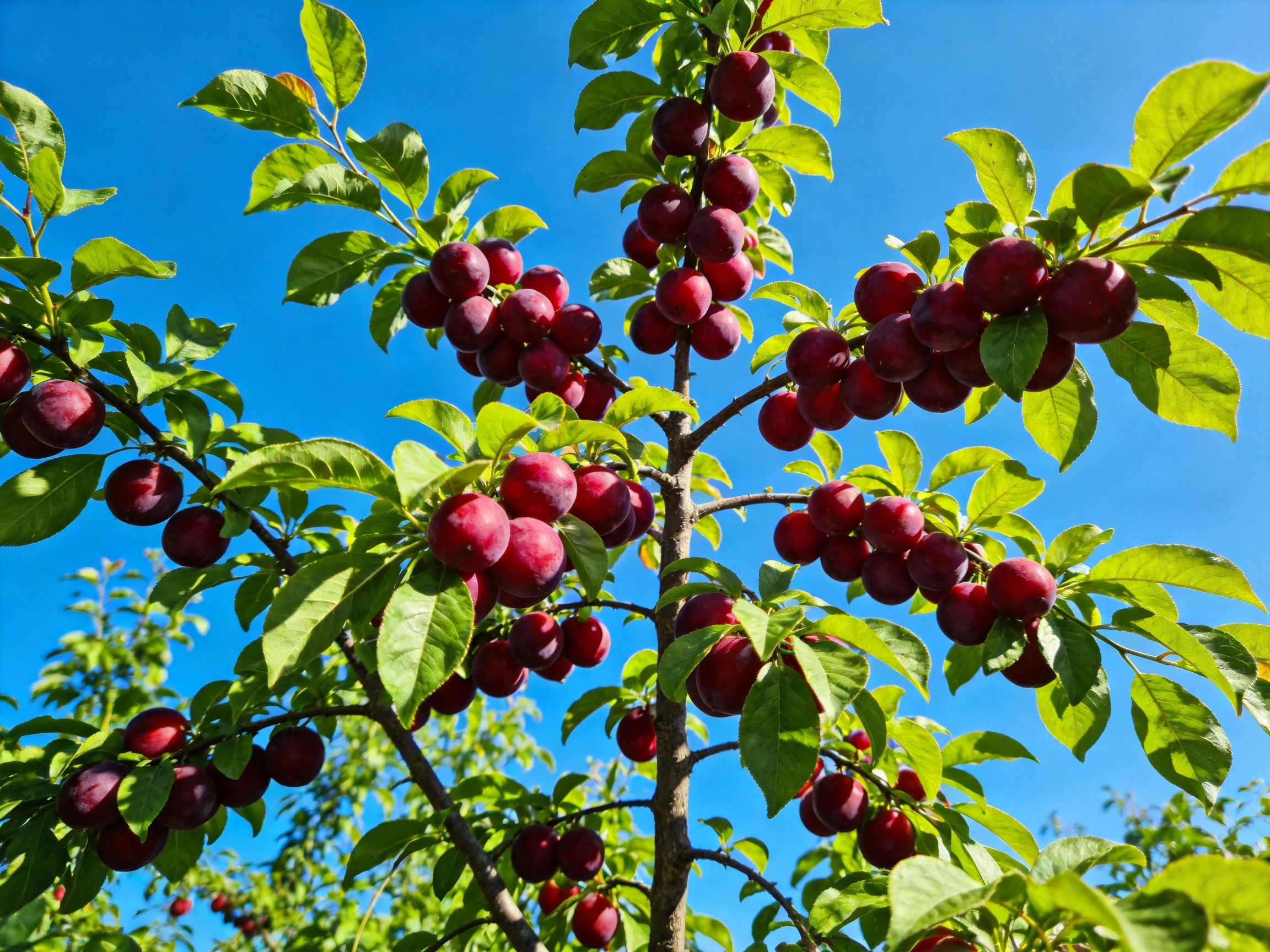 Abundant red plums clustered on lush green trees under clear blue sky
