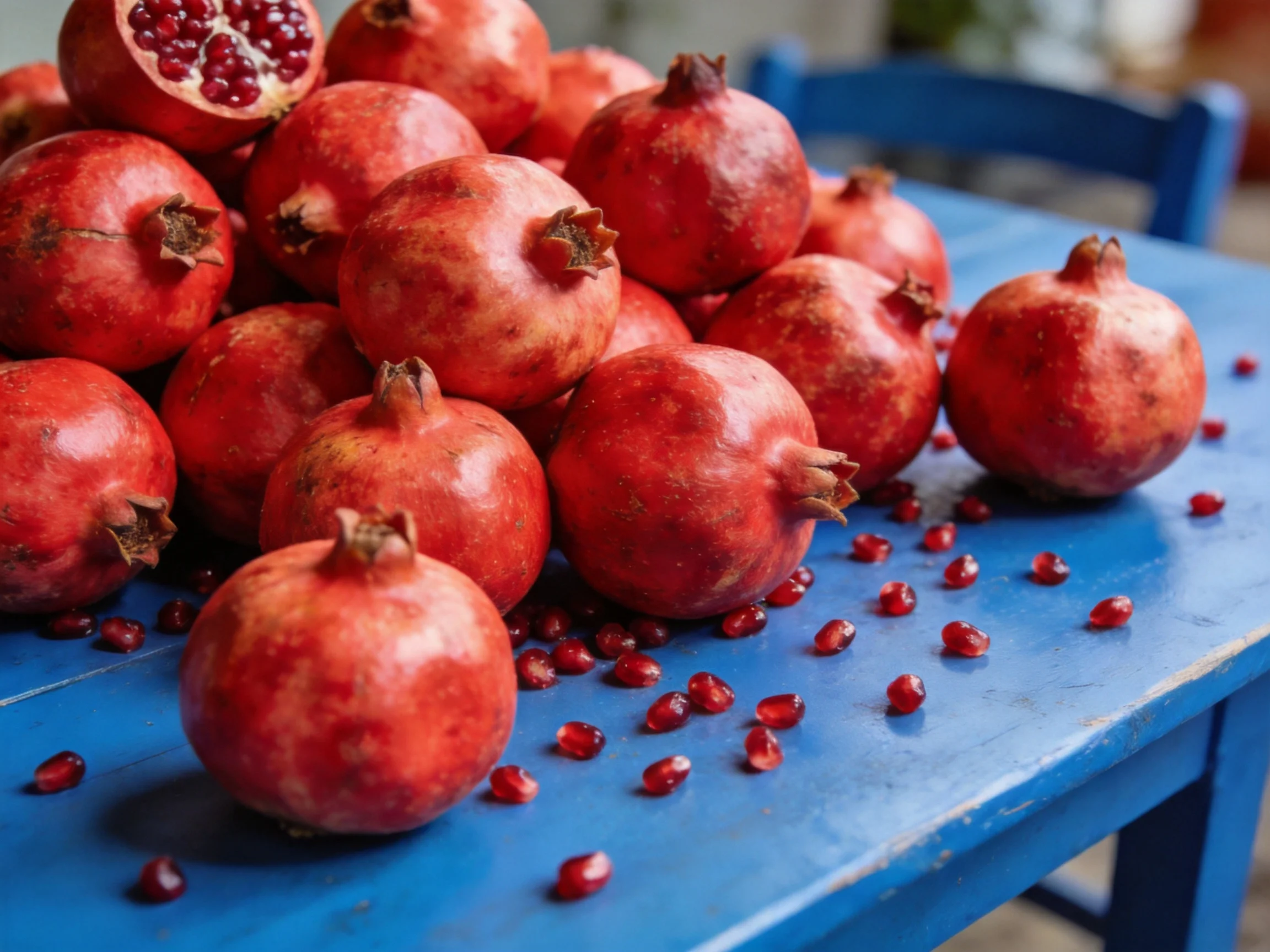 Abundant red pomegranates piled on a bright blue table