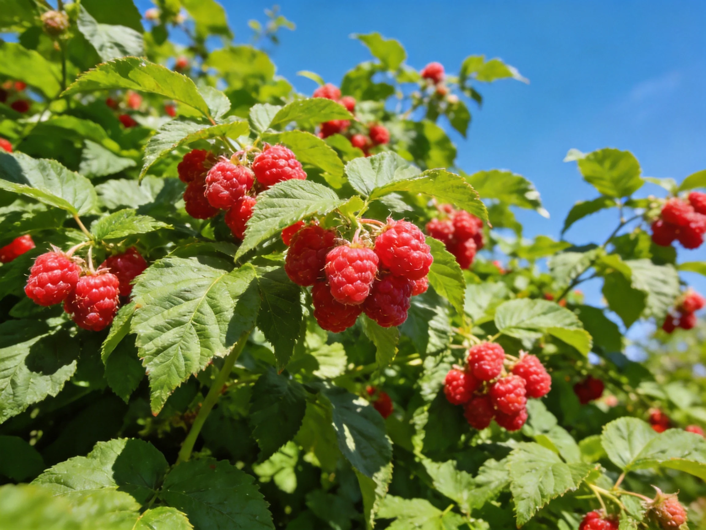 Abundant red raspberries amid lush green foliage under clear blue sky