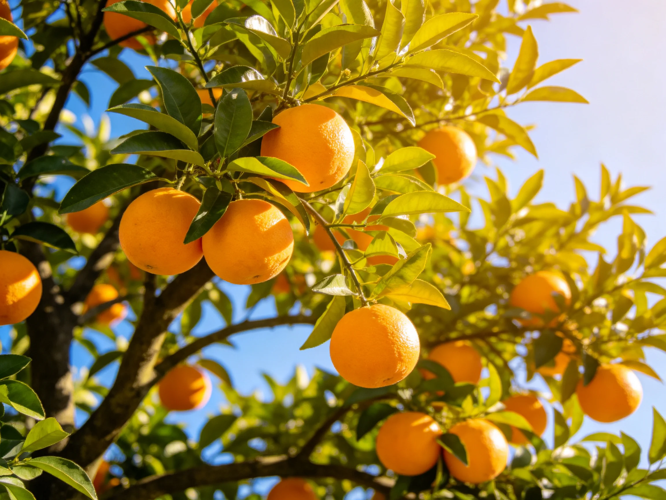 Abundant ripe oranges hang from lush green citrus branches under bright sunlight