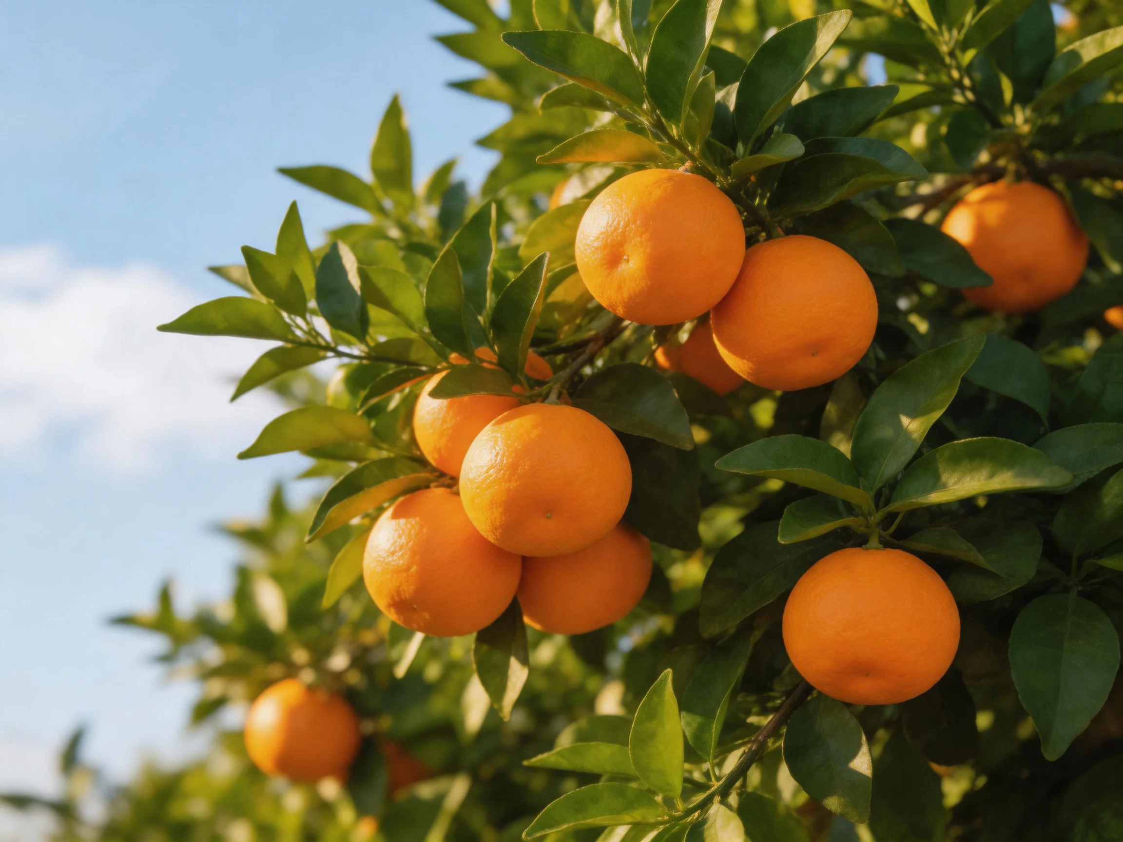 Abundant ripe oranges on a lush citrus tree under clear sky