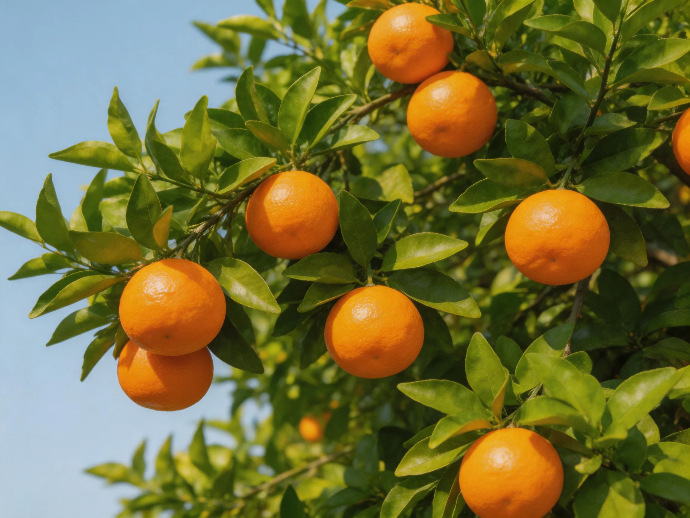 Abundant ripe oranges on a lush green citrus tree