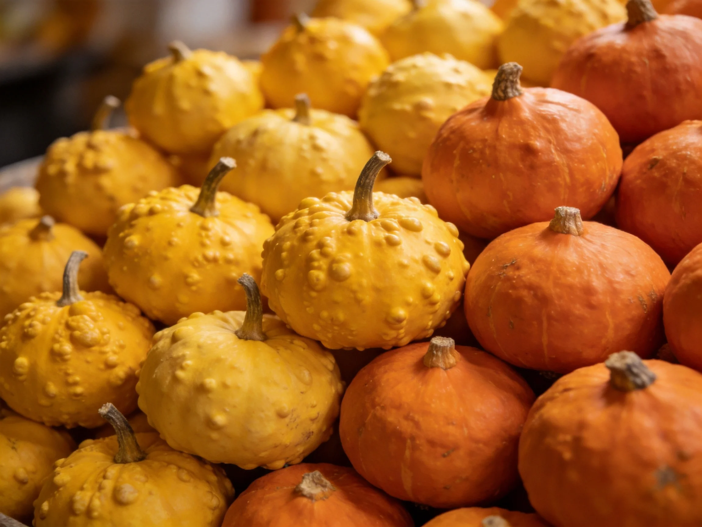 Abundant stack of small yellow and orange gourds
