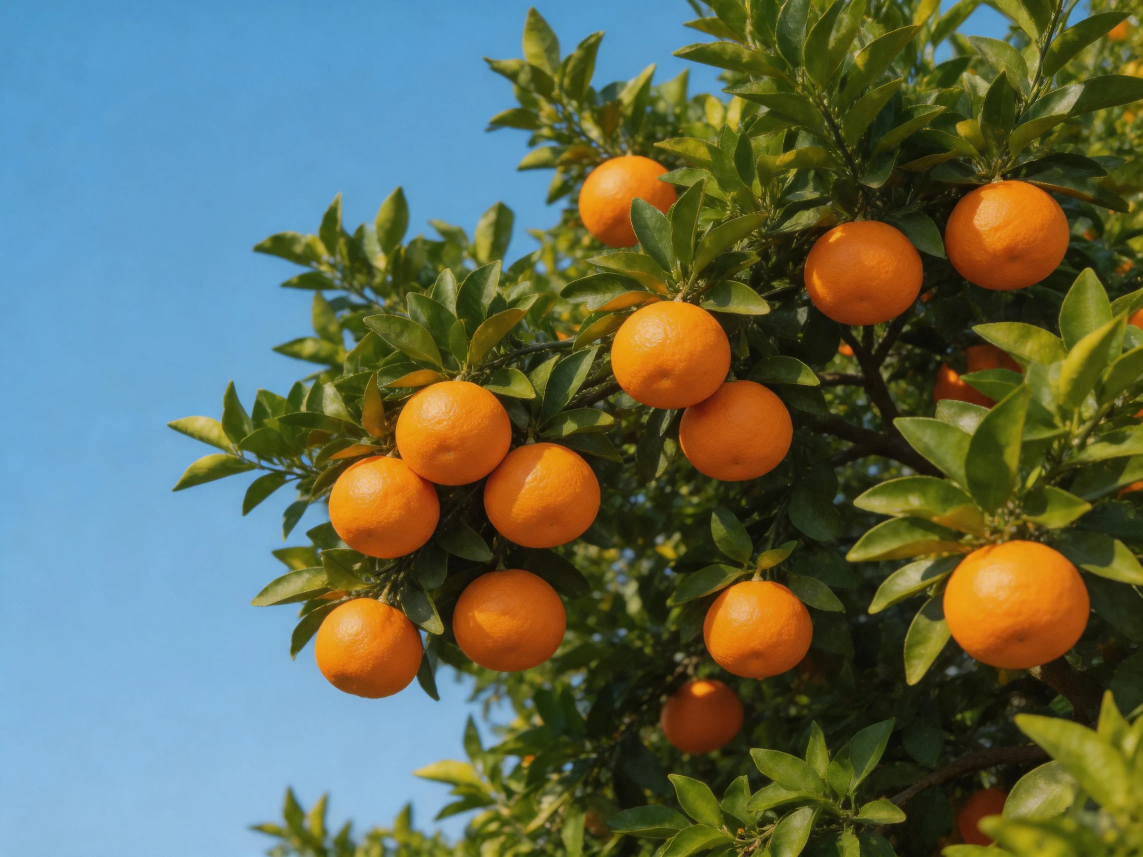 Abundant vibrant orange fruits on lush green citrus tree under clear blue sky