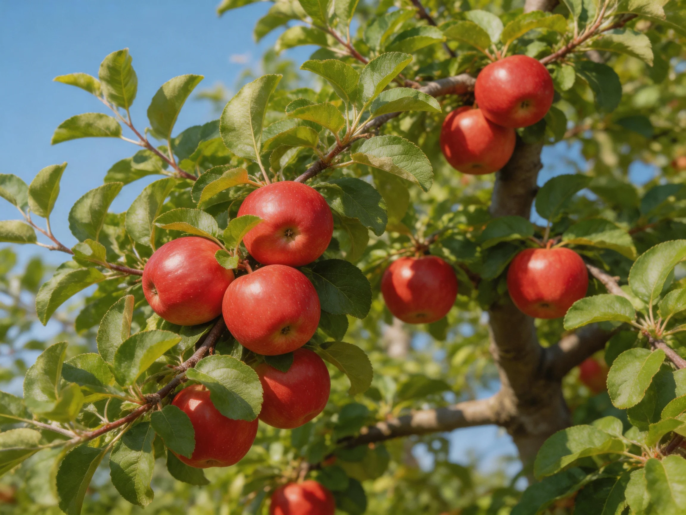Abundant vibrant red apples cluster on a leafy apple tree