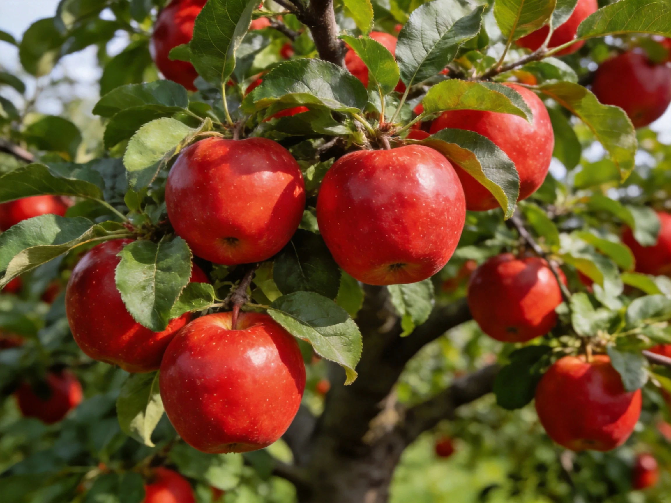 Abundant vibrant red apples cluster on a leafy apple tree