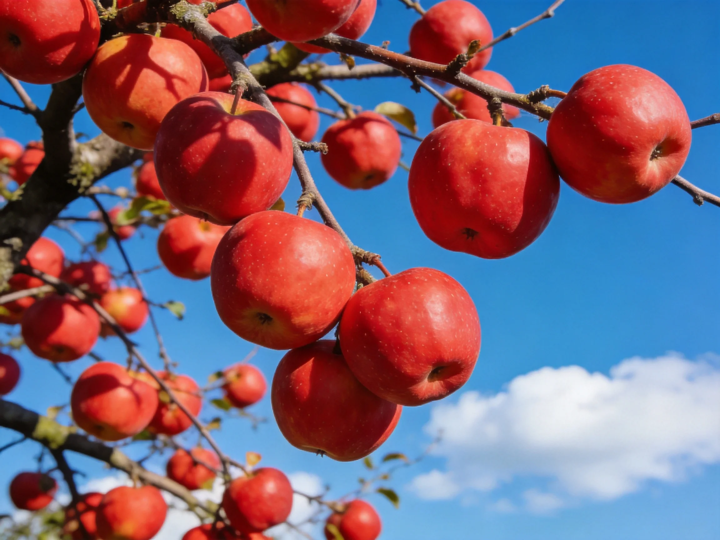 Abundant vibrant red apples on a fruit tree with clear blue sky