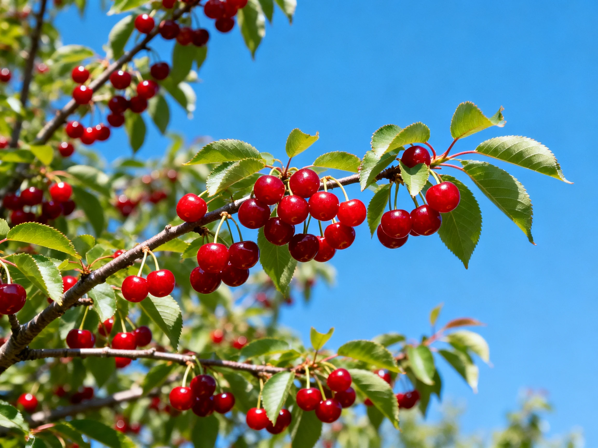 Abundant vibrant red cherries cluster on tree branches under a clear blue sky