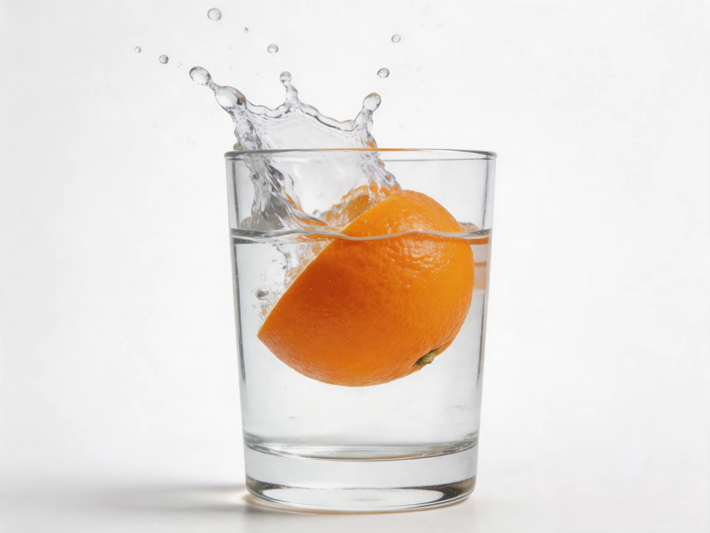 An Orange Splashing Into Clear Water Inside A Transparent Glass