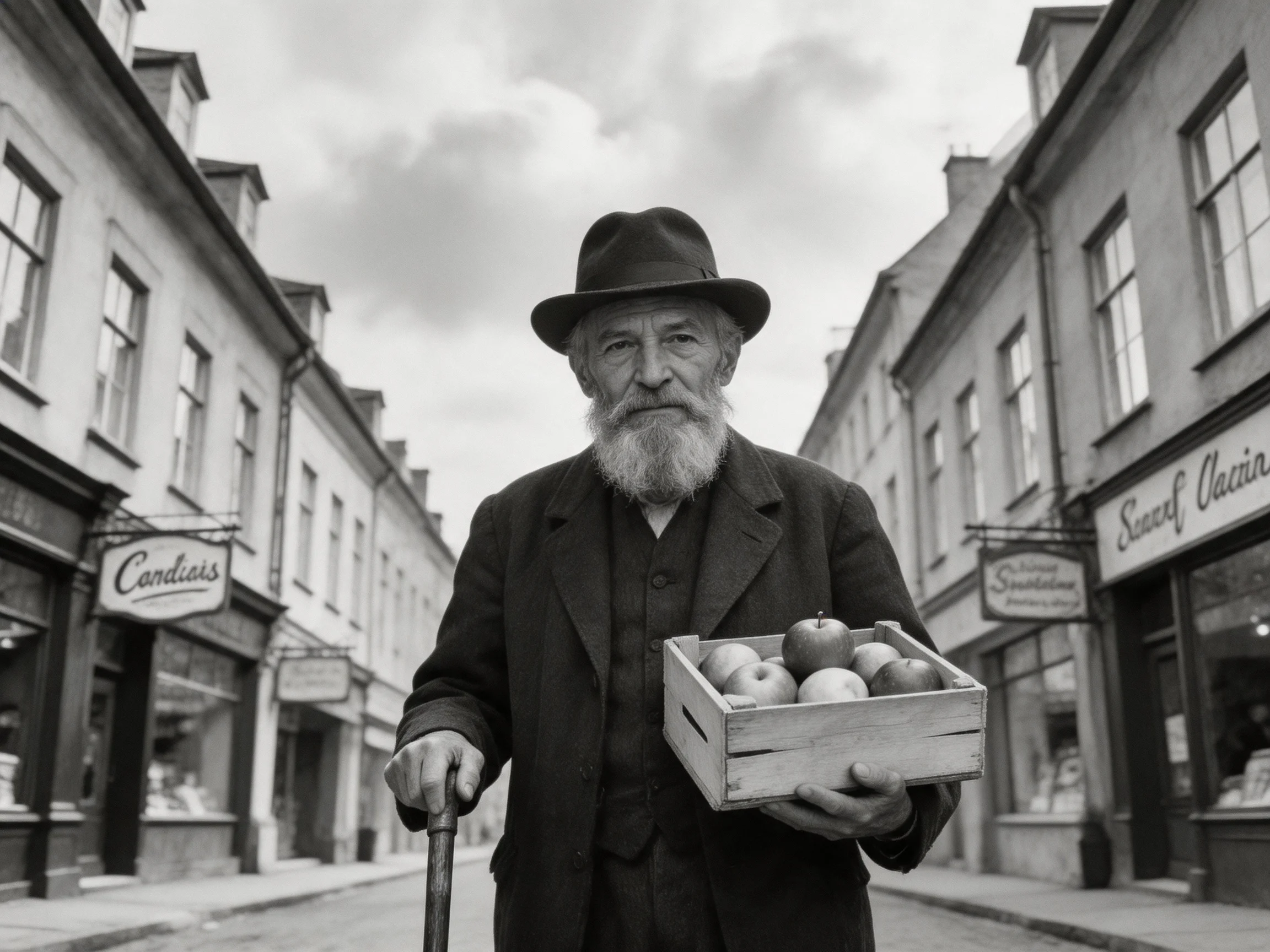 An elderly man with a hat holds a wooden crate of apples on a vintage street