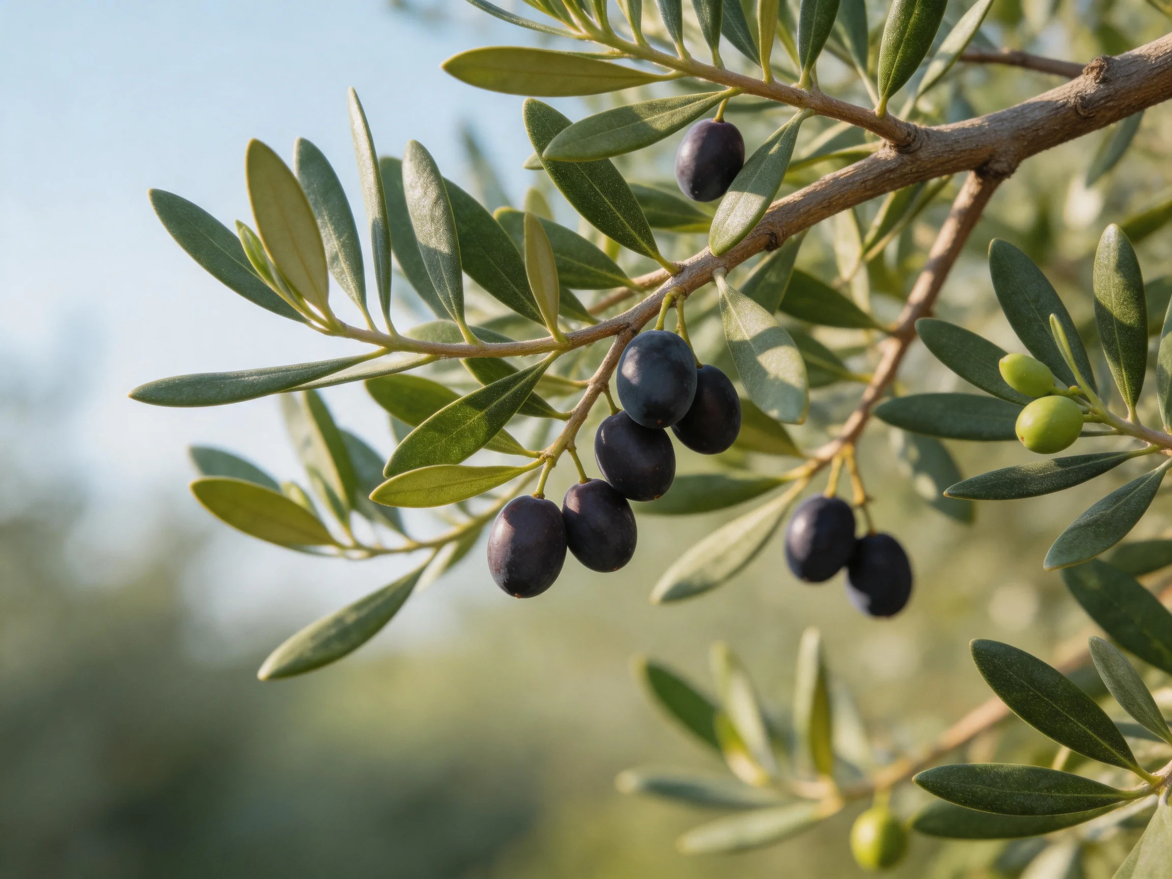 An olive branch with dark purple and green olives among glossy leaves