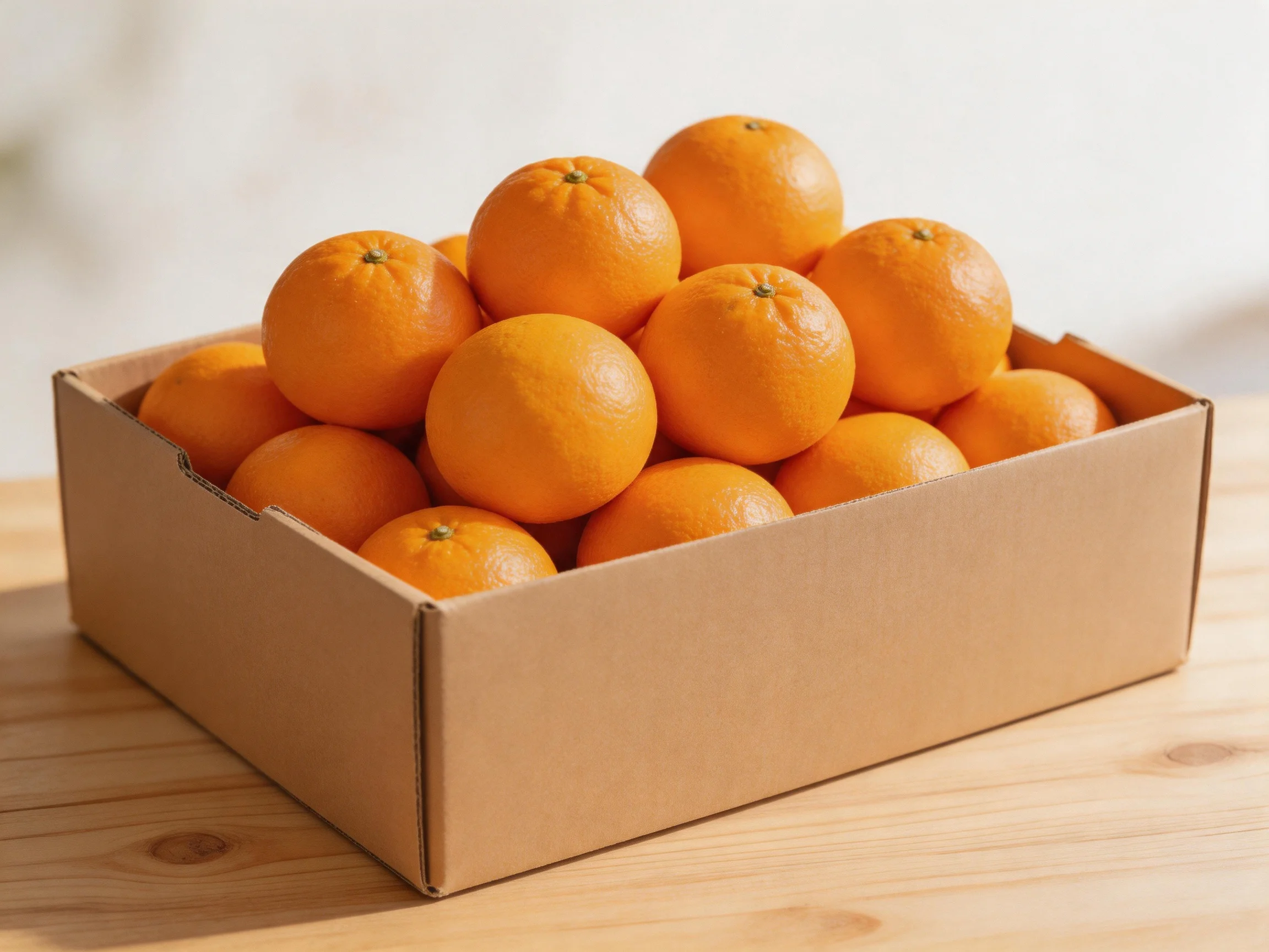 An open cardboard box filled with plump orange citrus fruits
