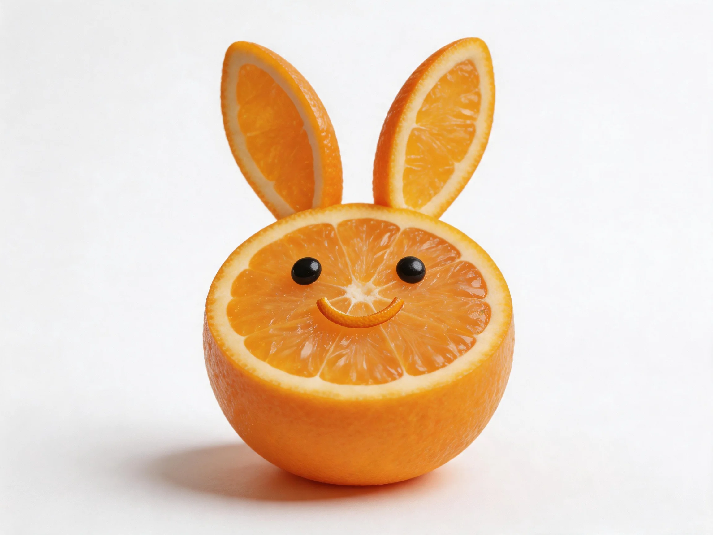 An orange artfully shaped into a bunny with black eyes and a smile