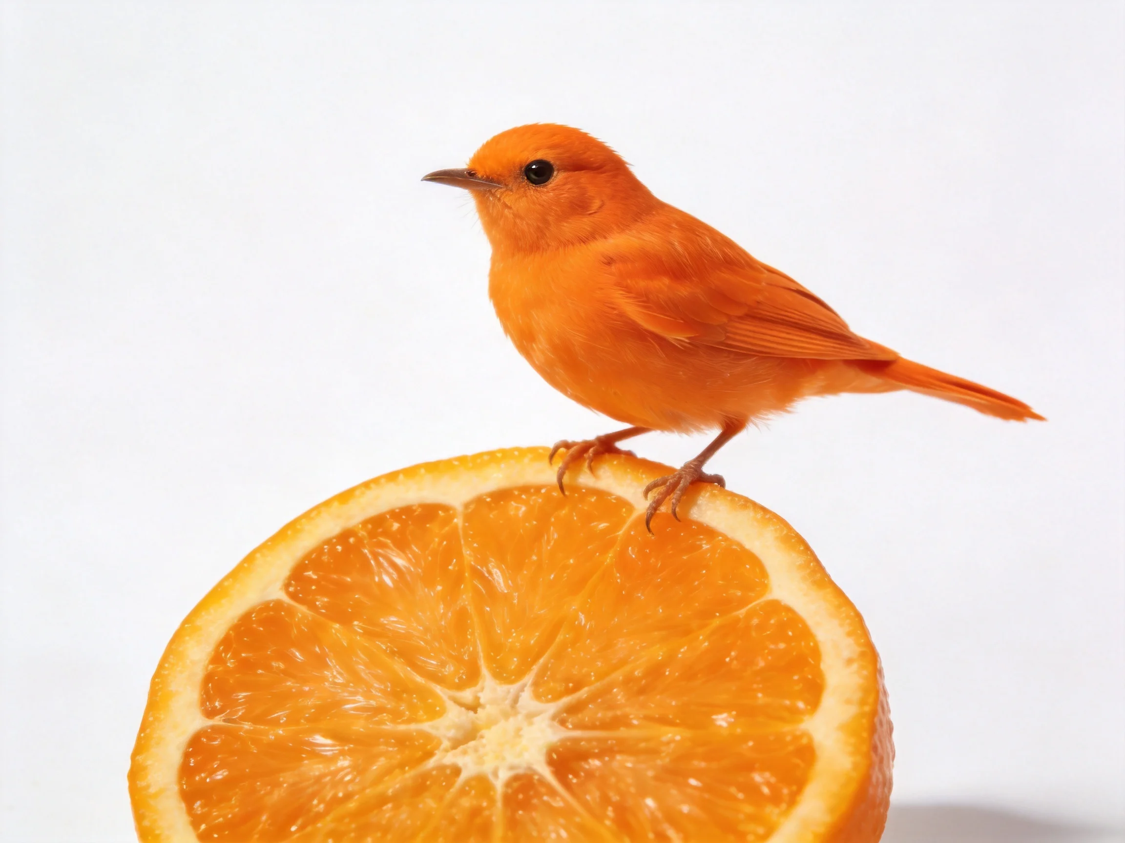 An orange bird perches atop a vibrant half-orange slice
