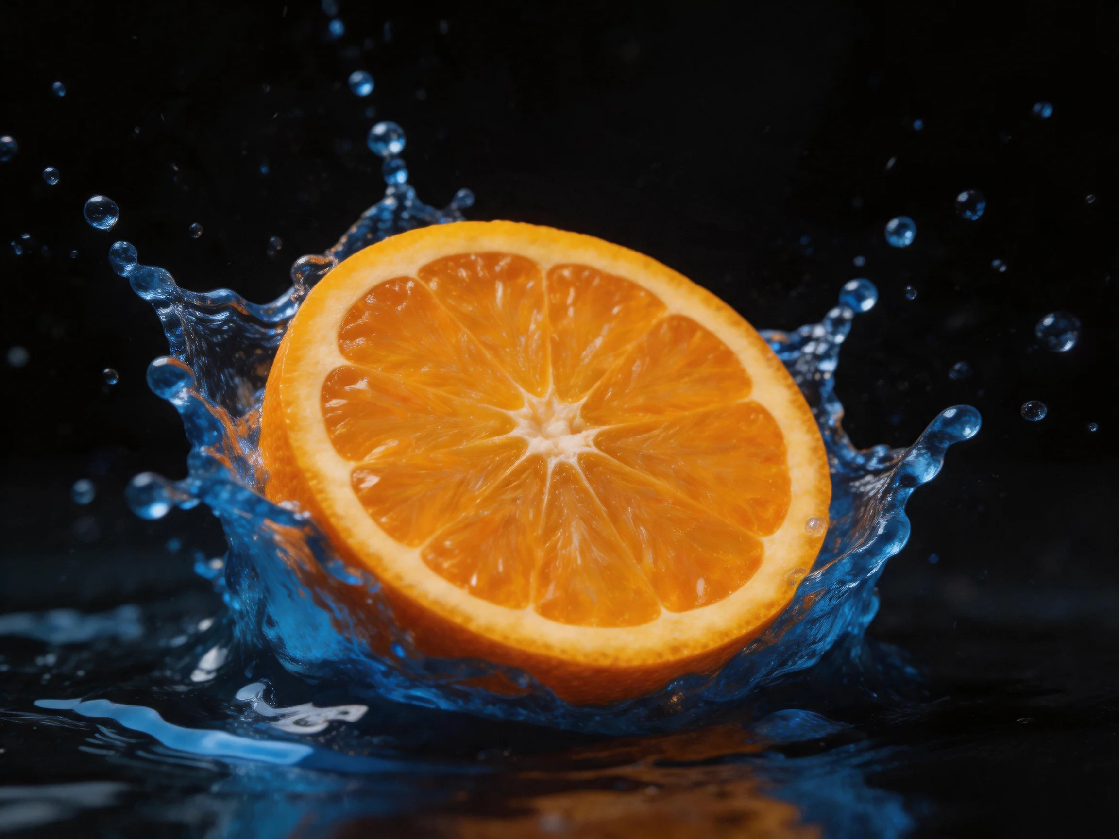 An orange half splashing into clear blue water with dark background