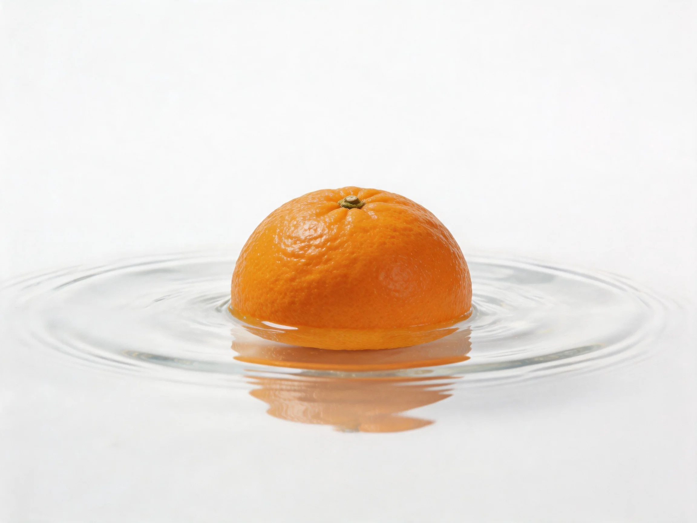 An orange half-submerged in clear water with rippling reflections
