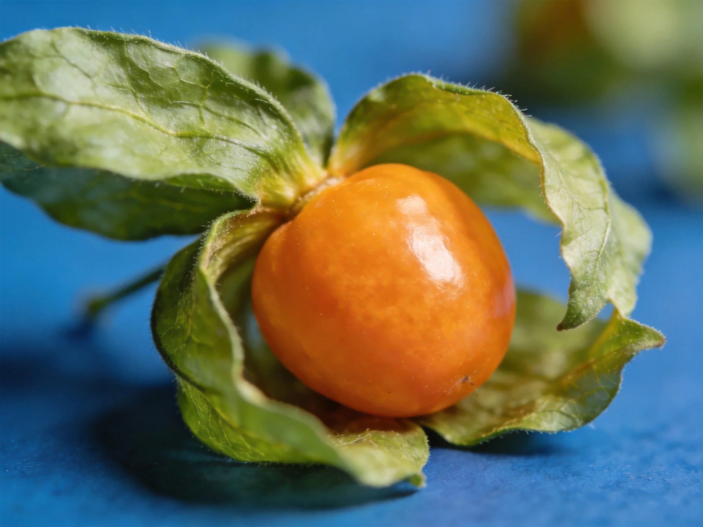 An orange physalis fruit enclosed by green husk leaves