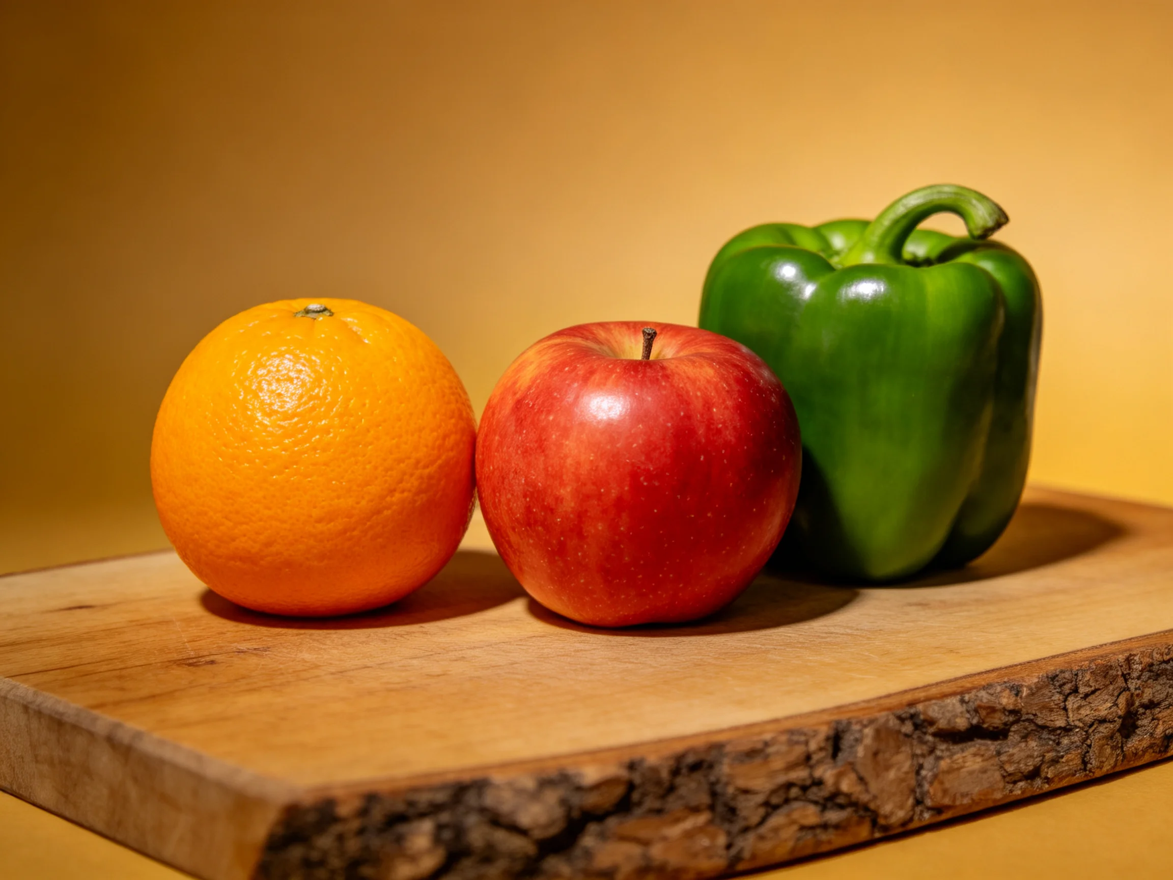 An orange, red apple, and green bell pepper on a wooden cutting board