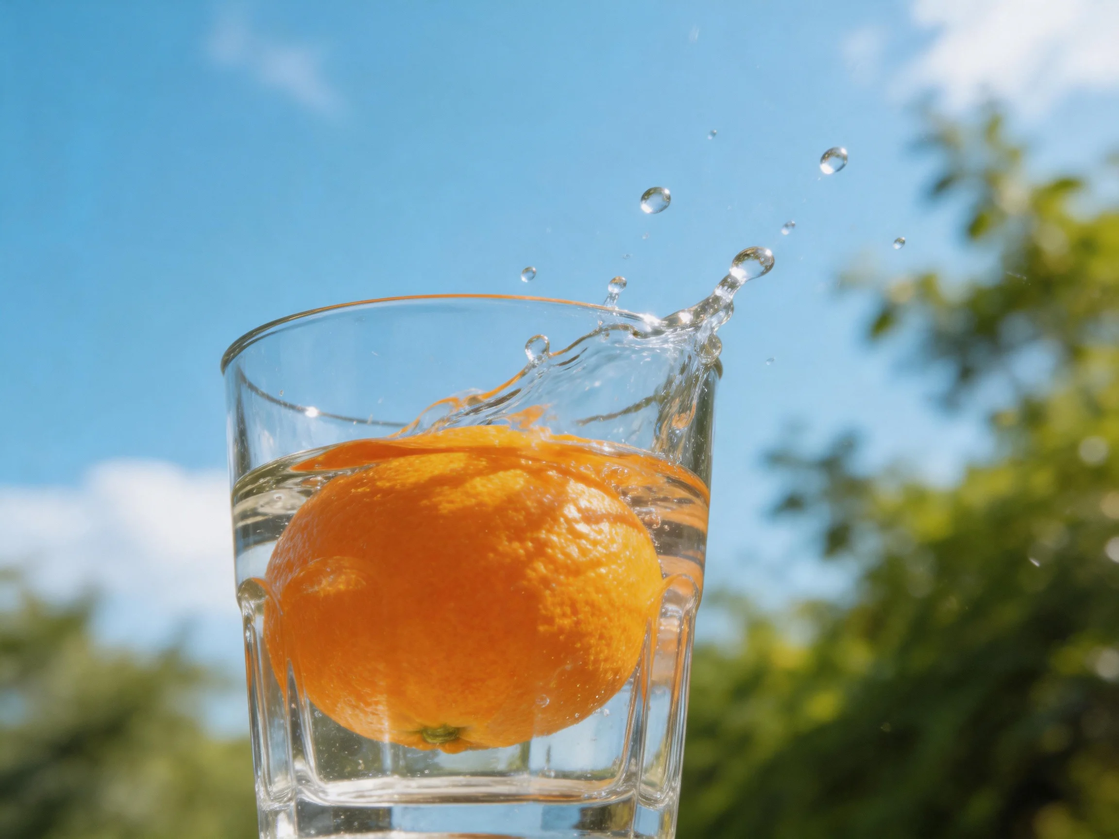 An orange splashes into clear water in a glass with a sunny sky