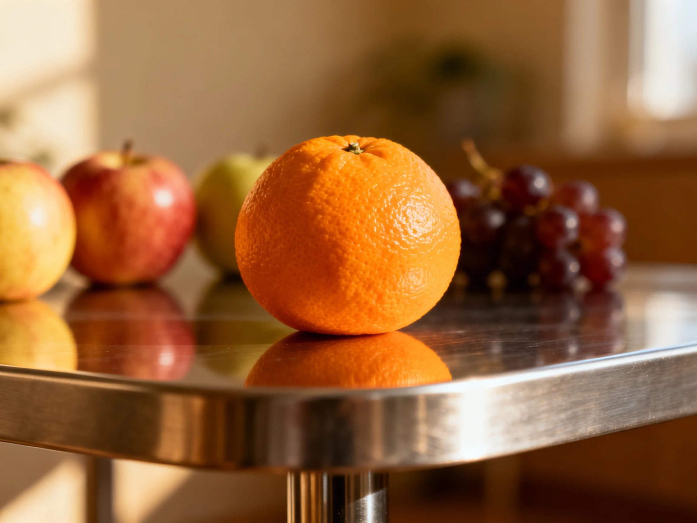 An orange surrounded by apples and grapes on a reflective metal table