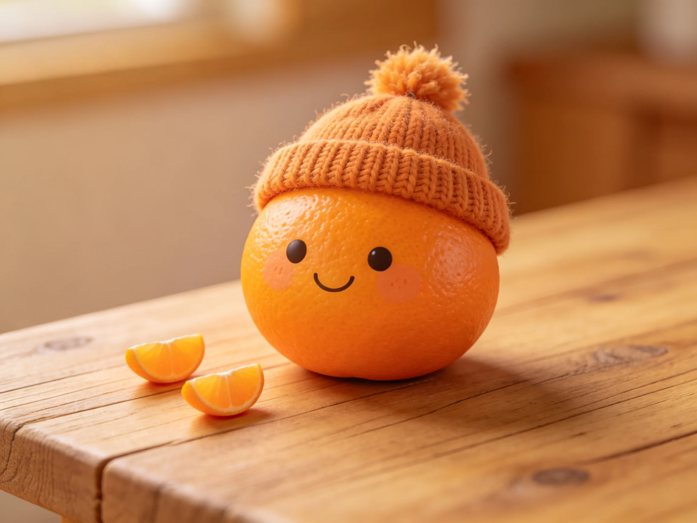 An orange with a smiling face wears an orange knit hat near two orange slices on a wooden table