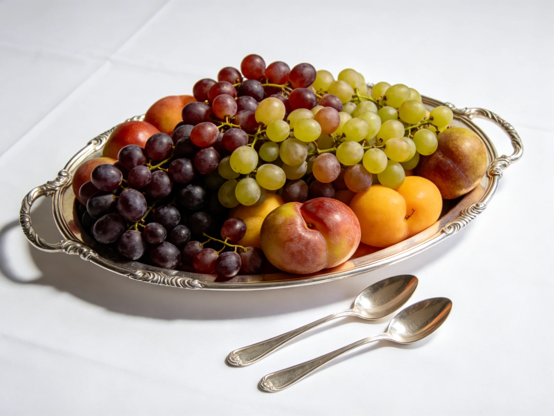 An ornate silver tray holds dark purple, green grapes, peaches, apricots, and two spoons