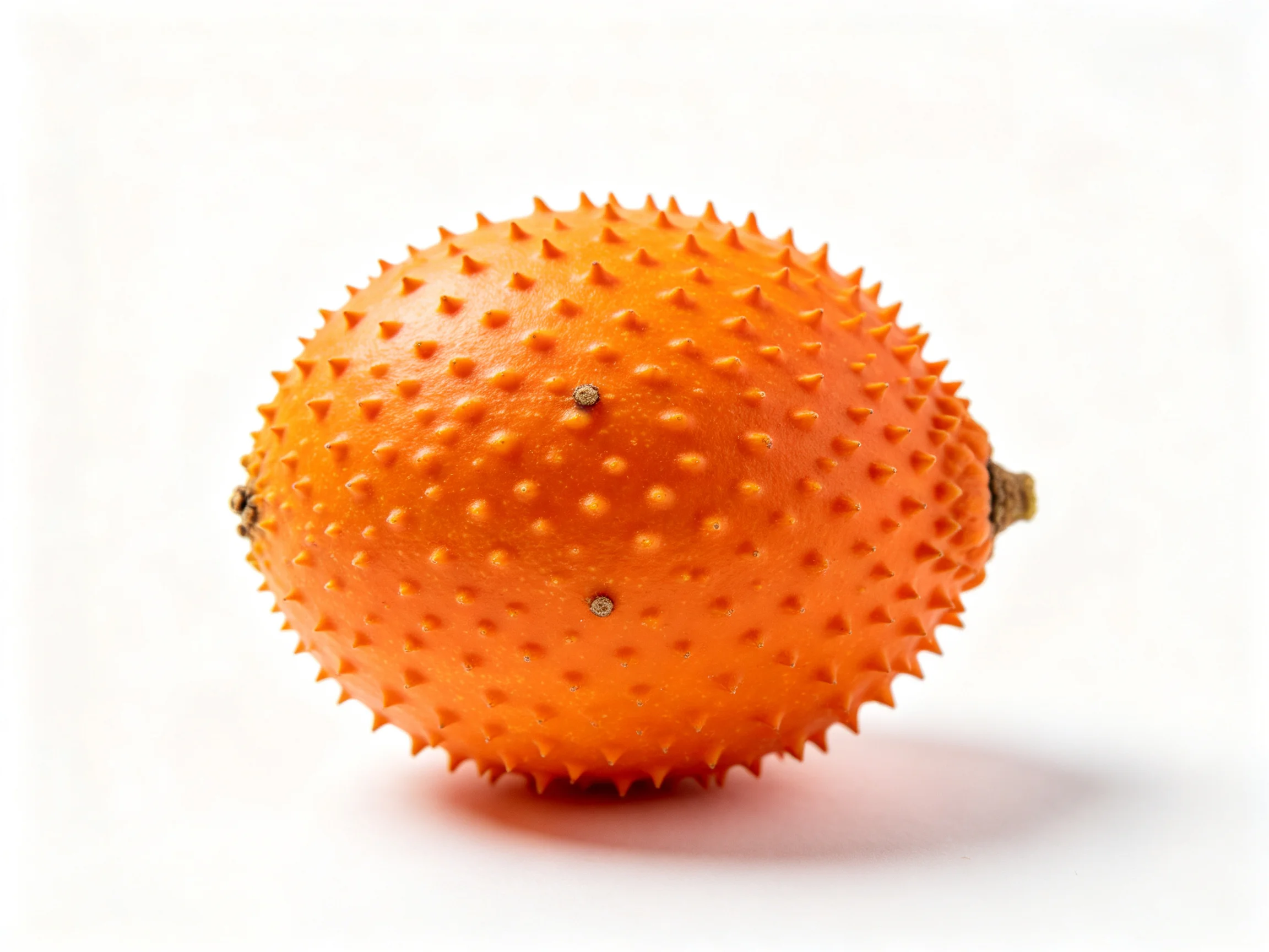An oval - shaped orange spiky fruit with numerous small protrusions