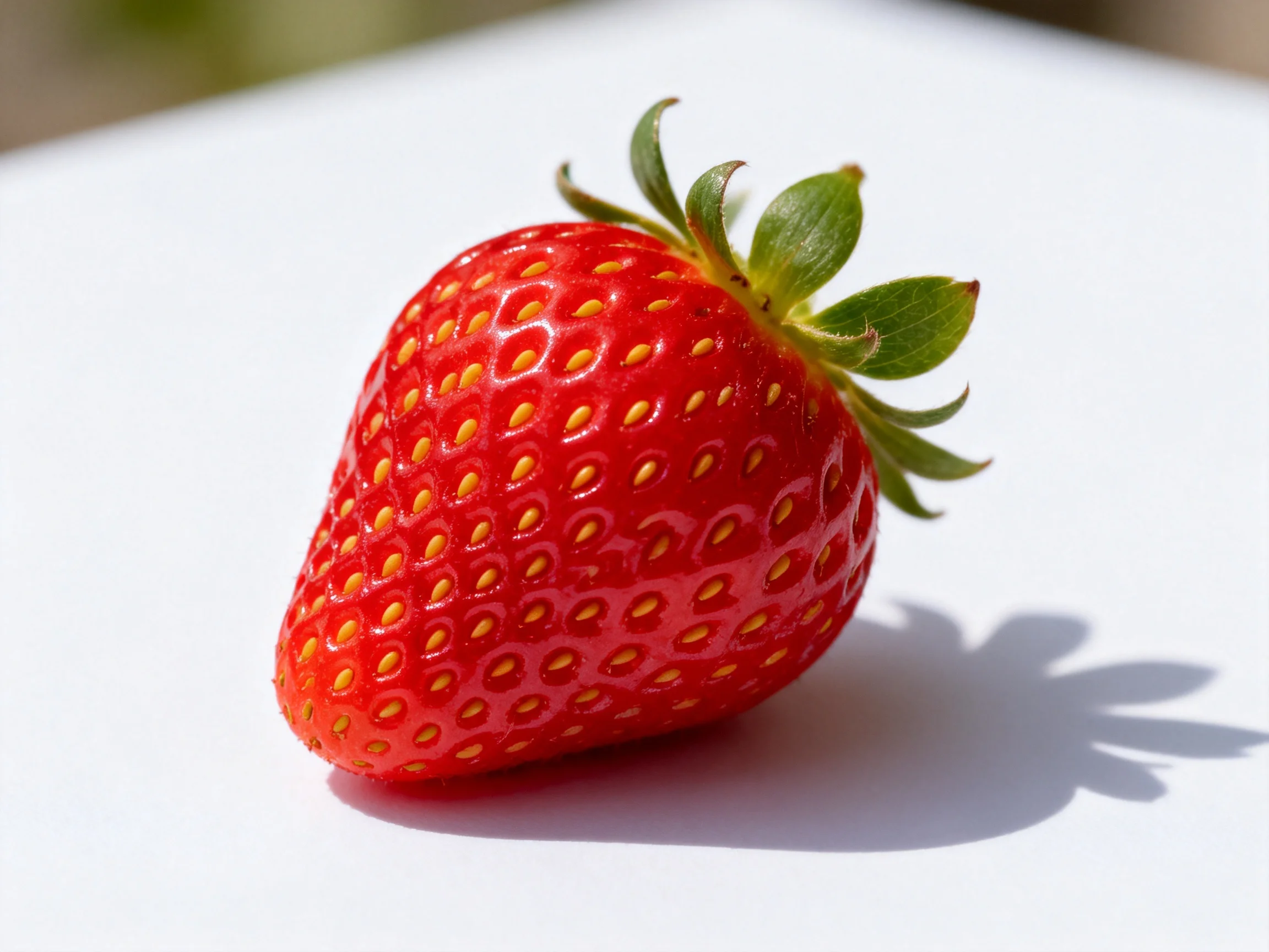 Asingle ripe red strawberry with green leaves on a white surface