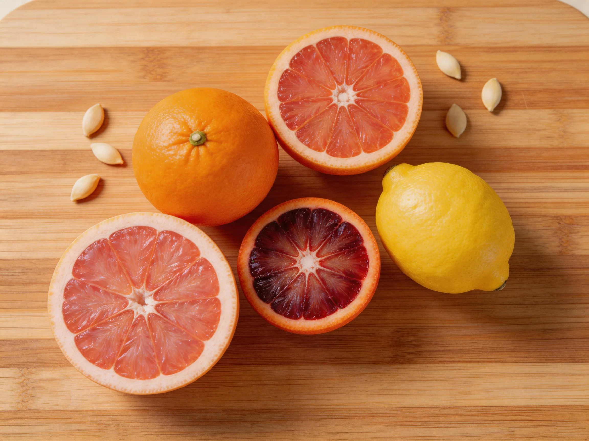 Assorted citrus fruits and seeds on a bamboo cutting board