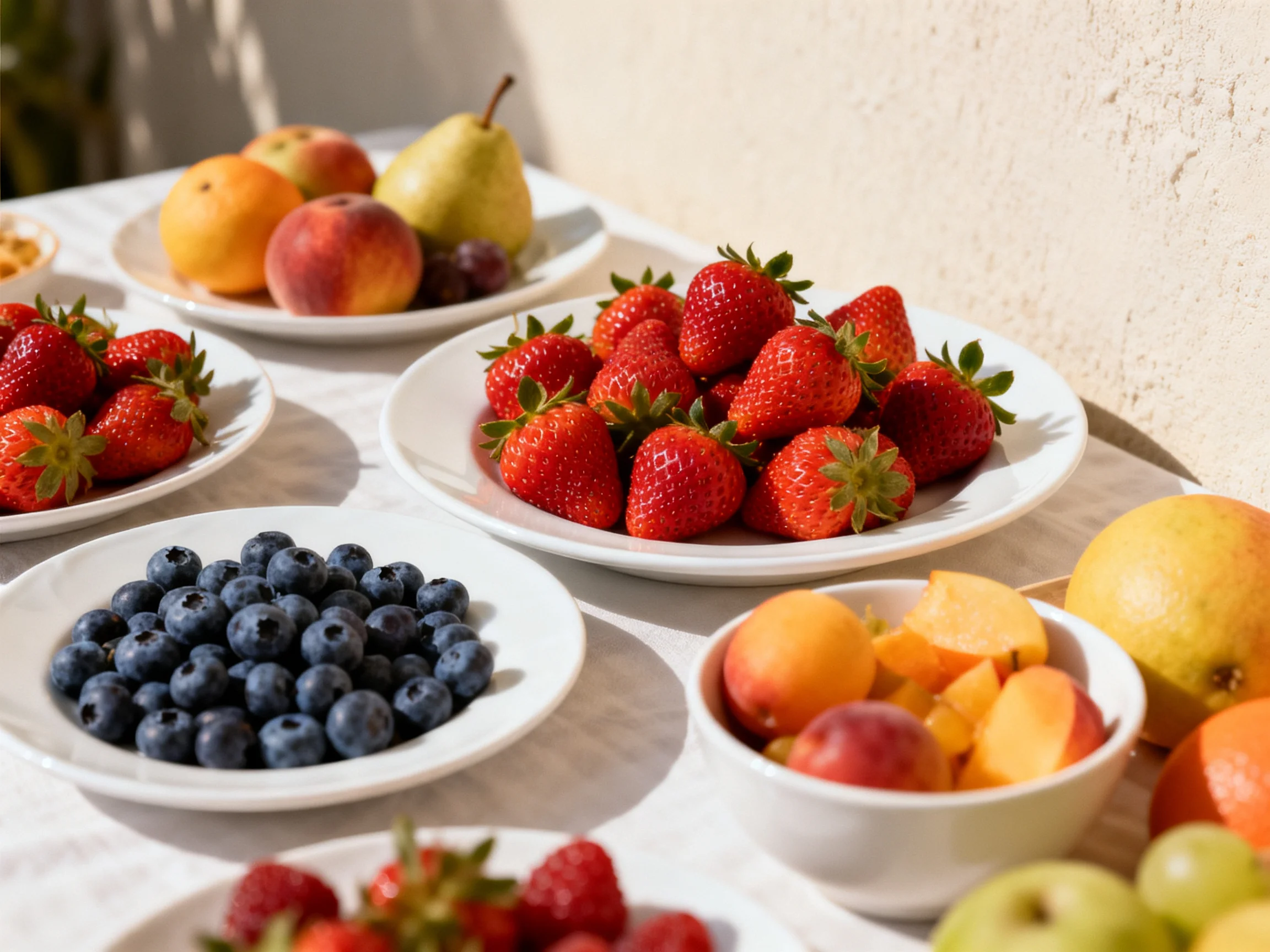 Assorted fresh fruits displayed on white dishes in sunlight